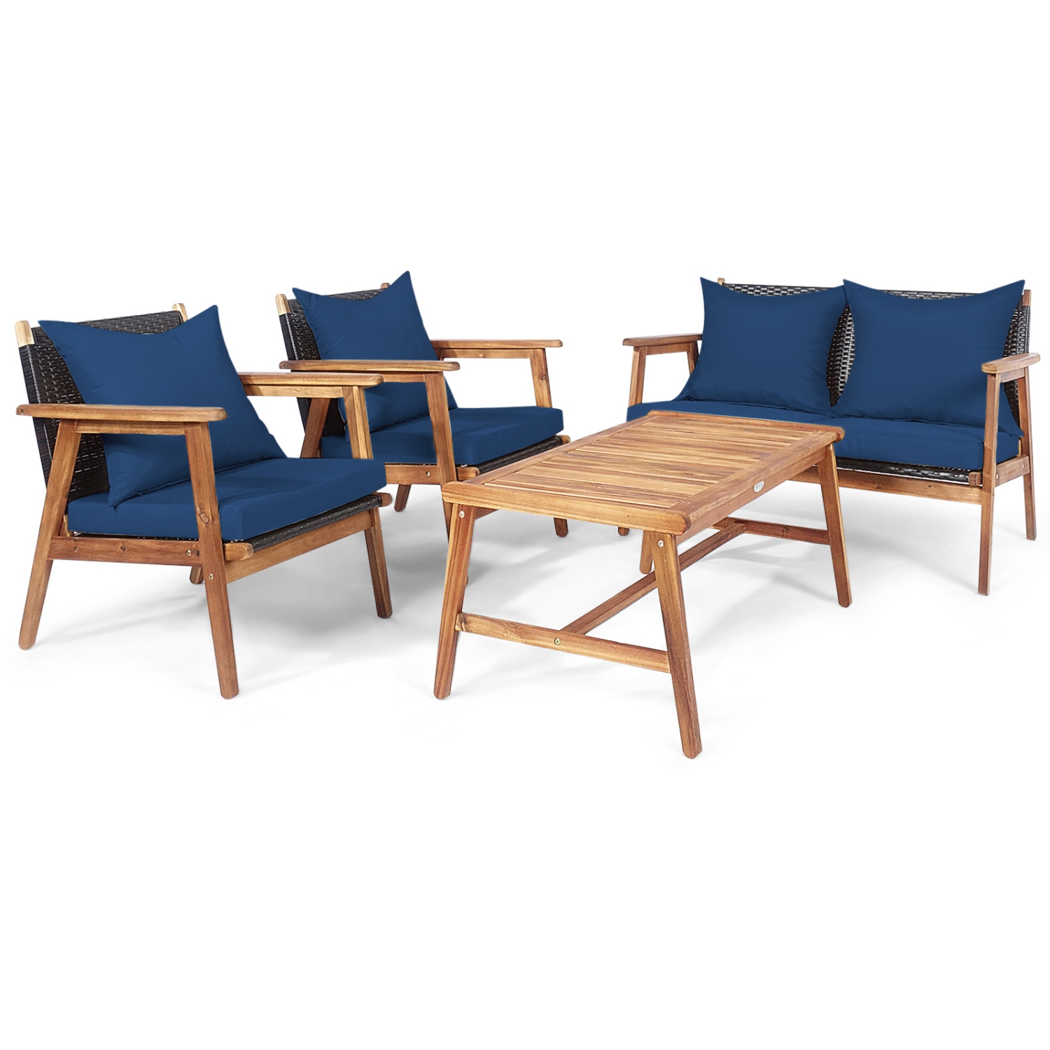 Patiojoy 4PCS Patio Rattan Furniture Set Wood Frame Cushioned Sofa with Coffee Table Sectional Conversation Sofa Set for Garden