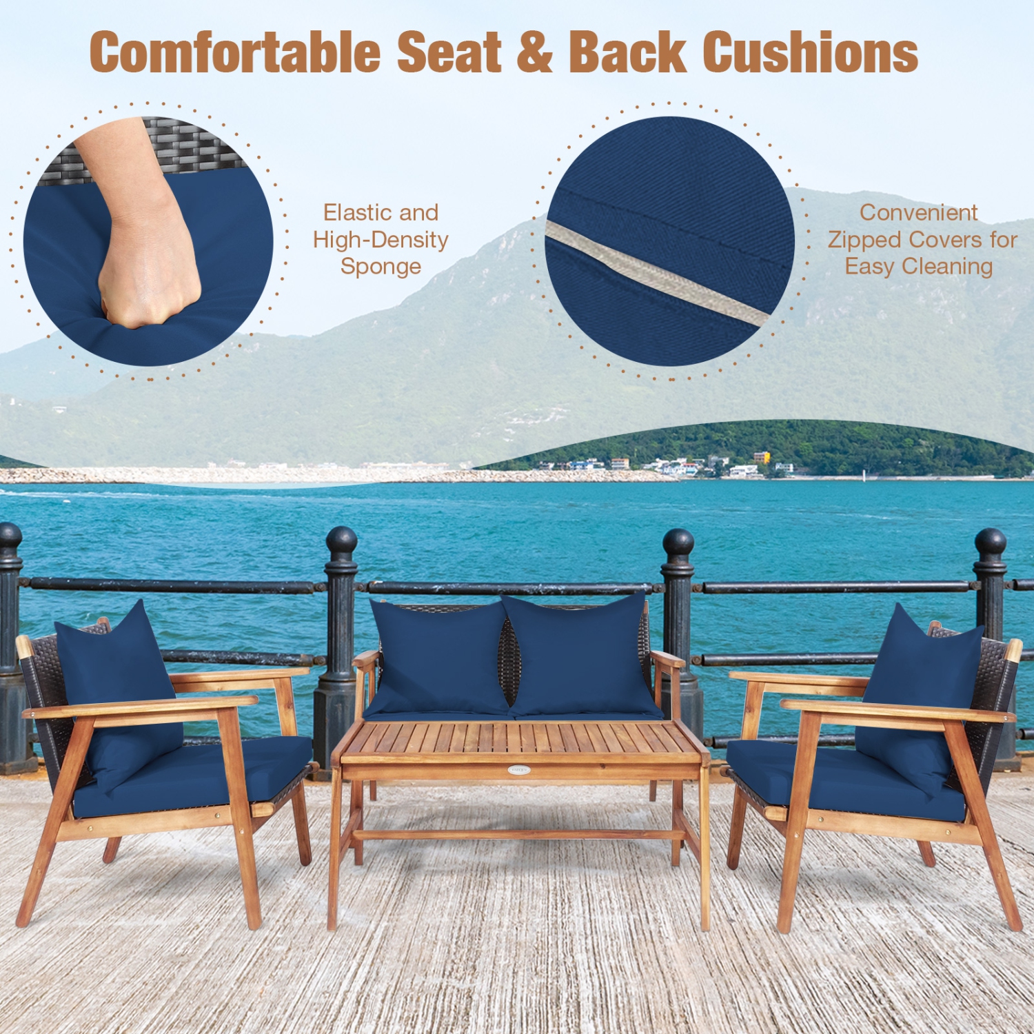 Patiojoy 4PCS Patio Rattan Furniture Set Wood Frame Cushioned Sofa with Coffee Table Sectional Conversation Sofa Set for Garden