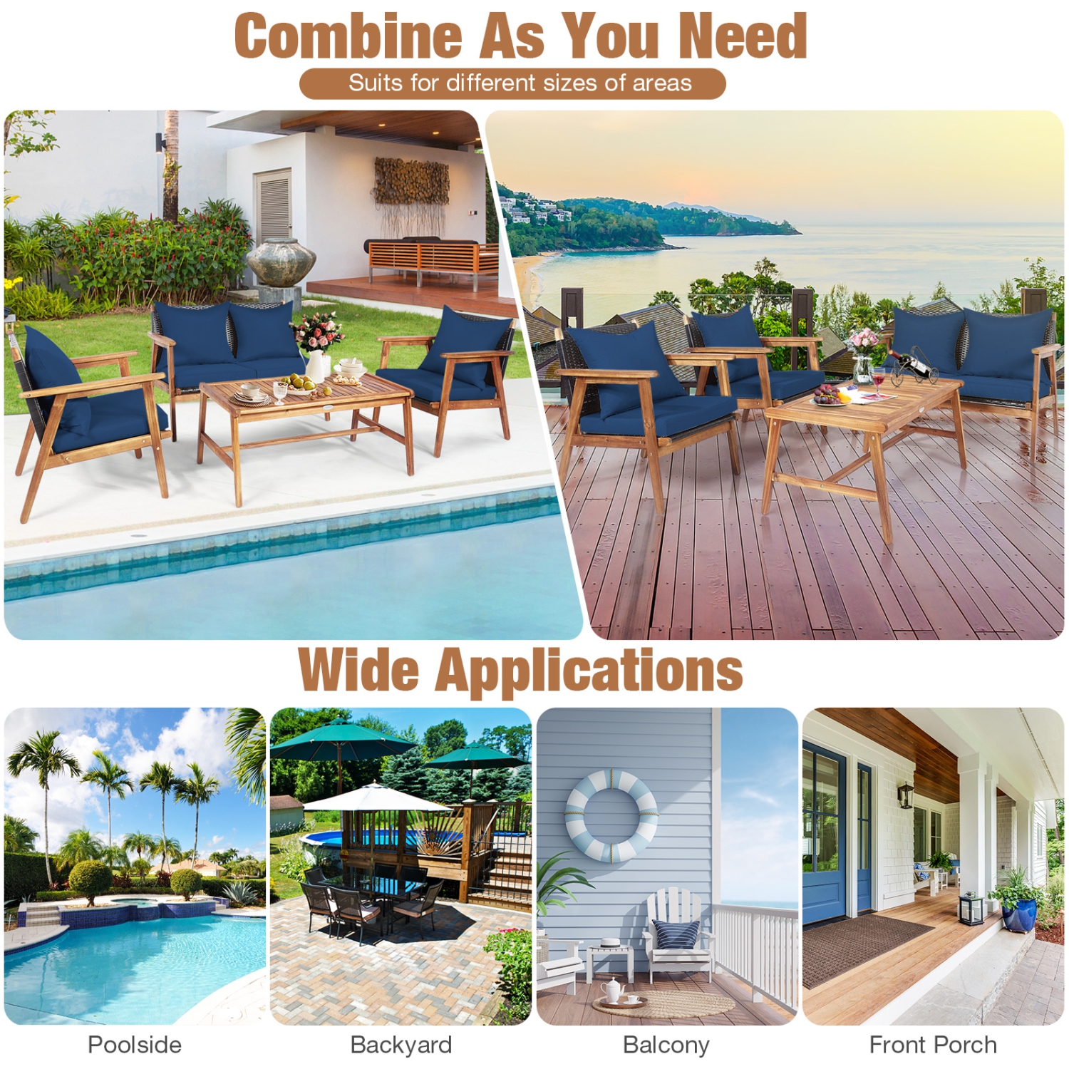 Patiojoy 4PCS Patio Rattan Furniture Set Wood Frame Cushioned Sofa with Coffee Table Sectional Conversation Sofa Set for Garden