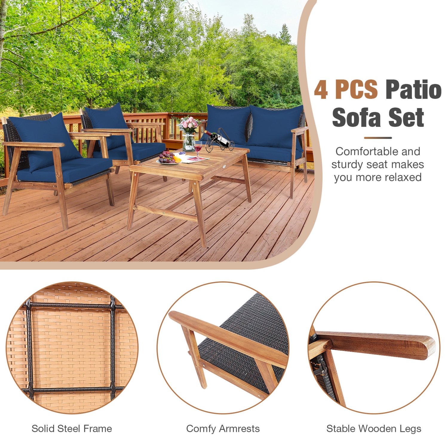 Patiojoy 4PCS Patio Rattan Furniture Set Wood Frame Cushioned Sofa with Coffee Table Sectional Conversation Sofa Set for Garden