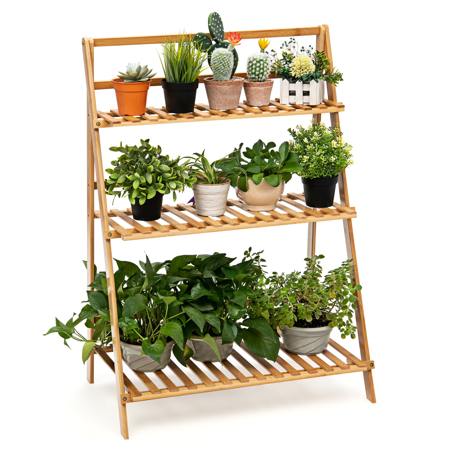TopBuy – Étagère de rangement pliante en bambou à 3 niveaux pour plantes, support à fleurs, support à fleurs, naturel pour intérieur et extérieur