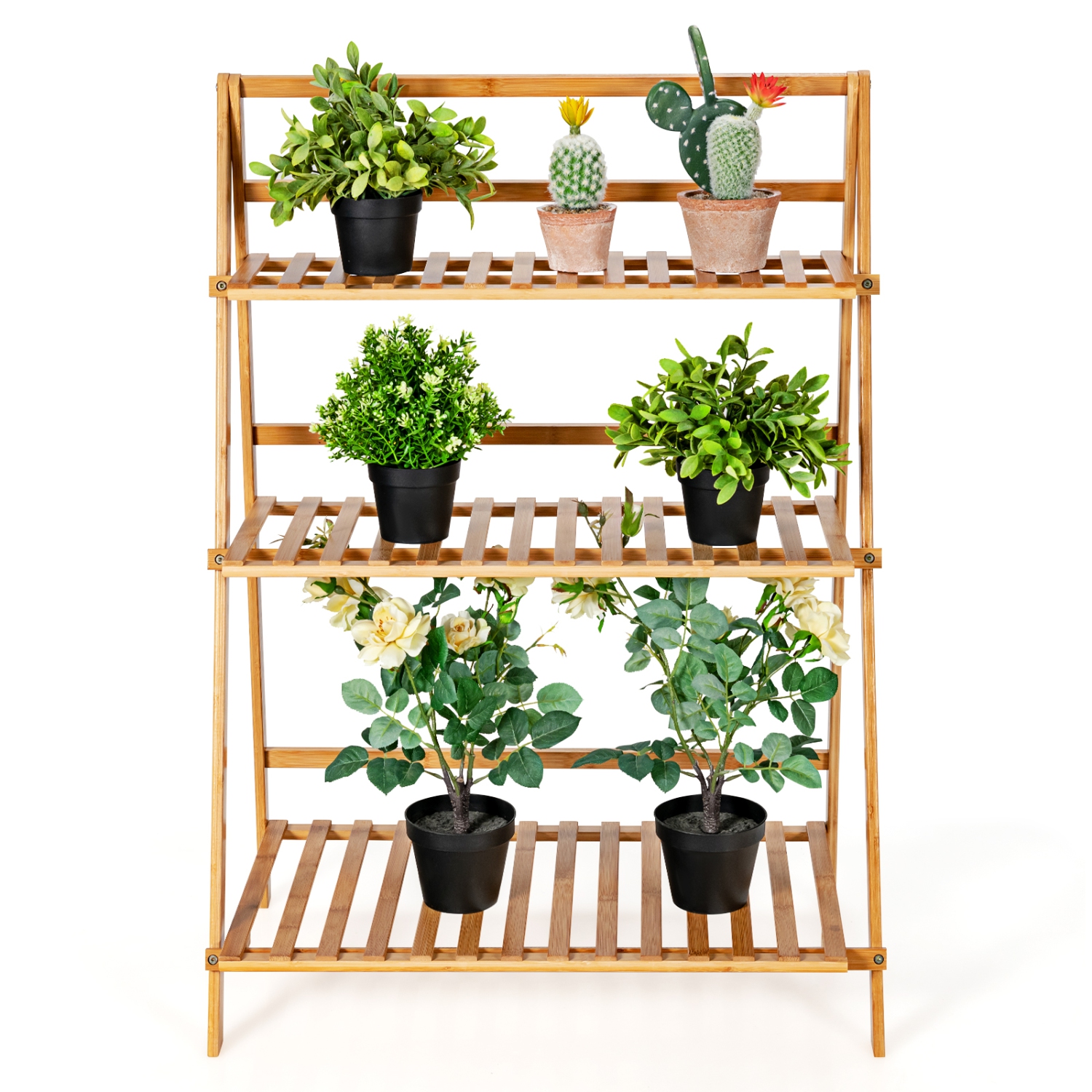 TopBuy – Étagère de rangement pliante en bambou à 3 niveaux pour plantes, support à fleurs, support à fleurs, naturel pour intérieur et extérieur