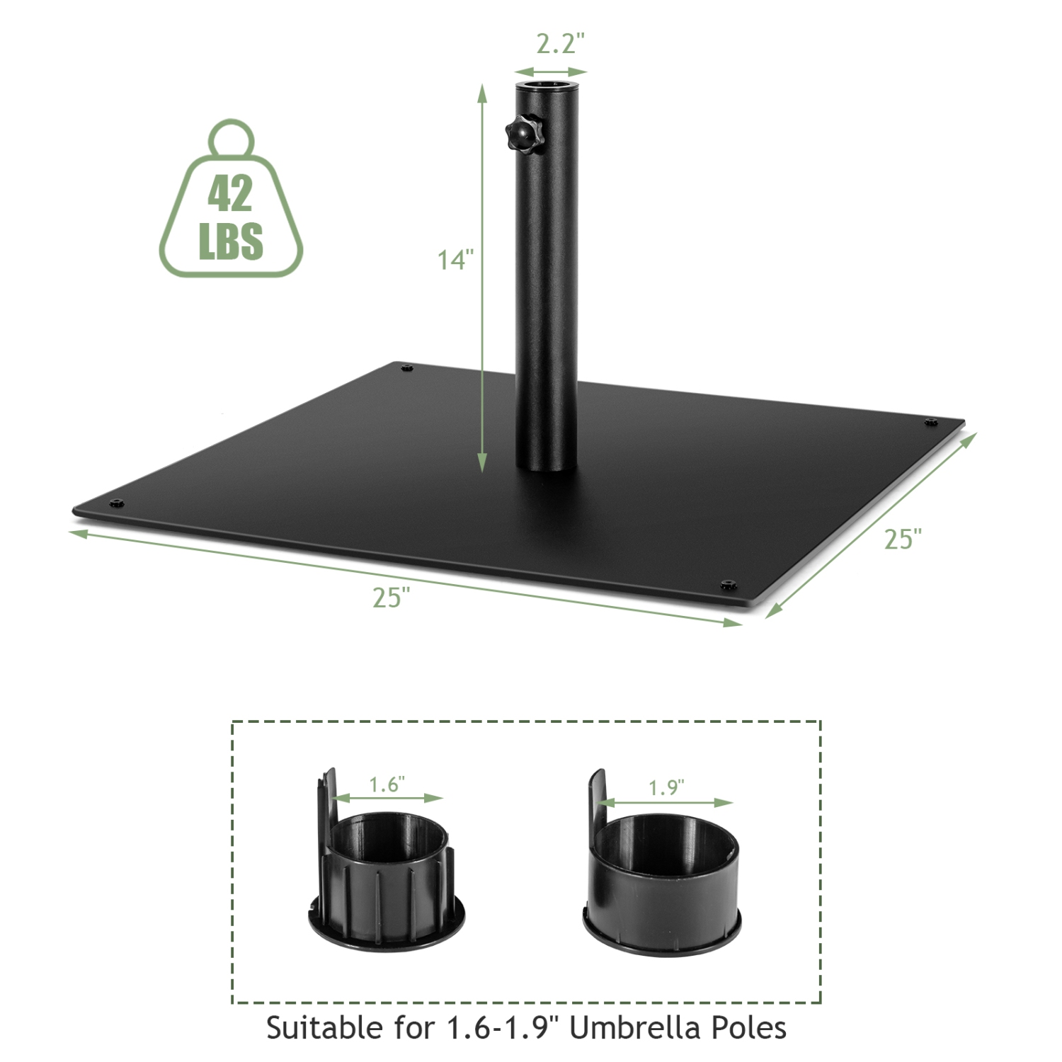 TopBuy – base pour parasol de patio DE 42 LB, support robuste pour parasol de 25 po, base carrée pour parasol avec 4 pieds antidérapants