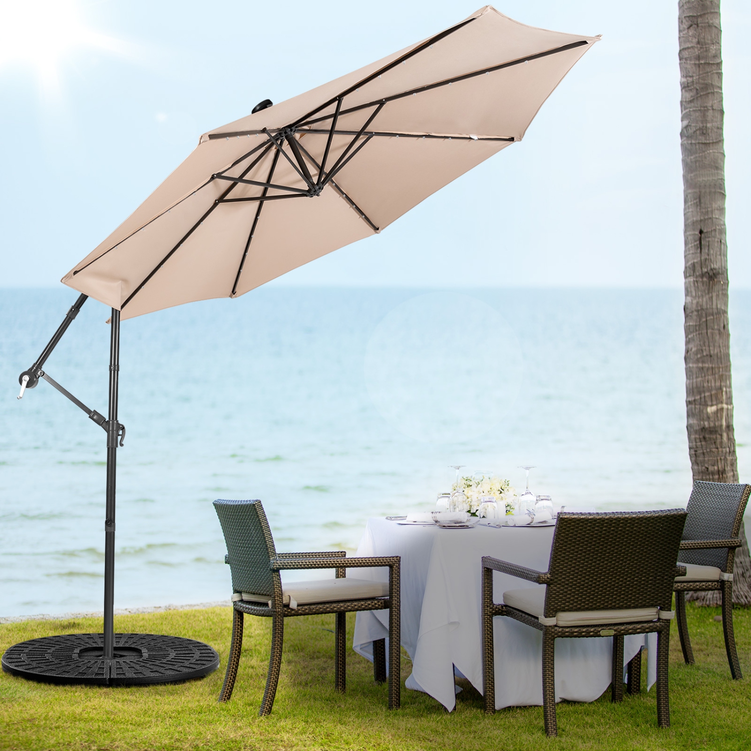 Parasol patio de 10 pi PatioJoy, 32 lampes DEL, solaire, parasol en porte-à-faux, 8 tiges, beige/café/bleu/bleu marine/vin, parasol en porte-à-faux,