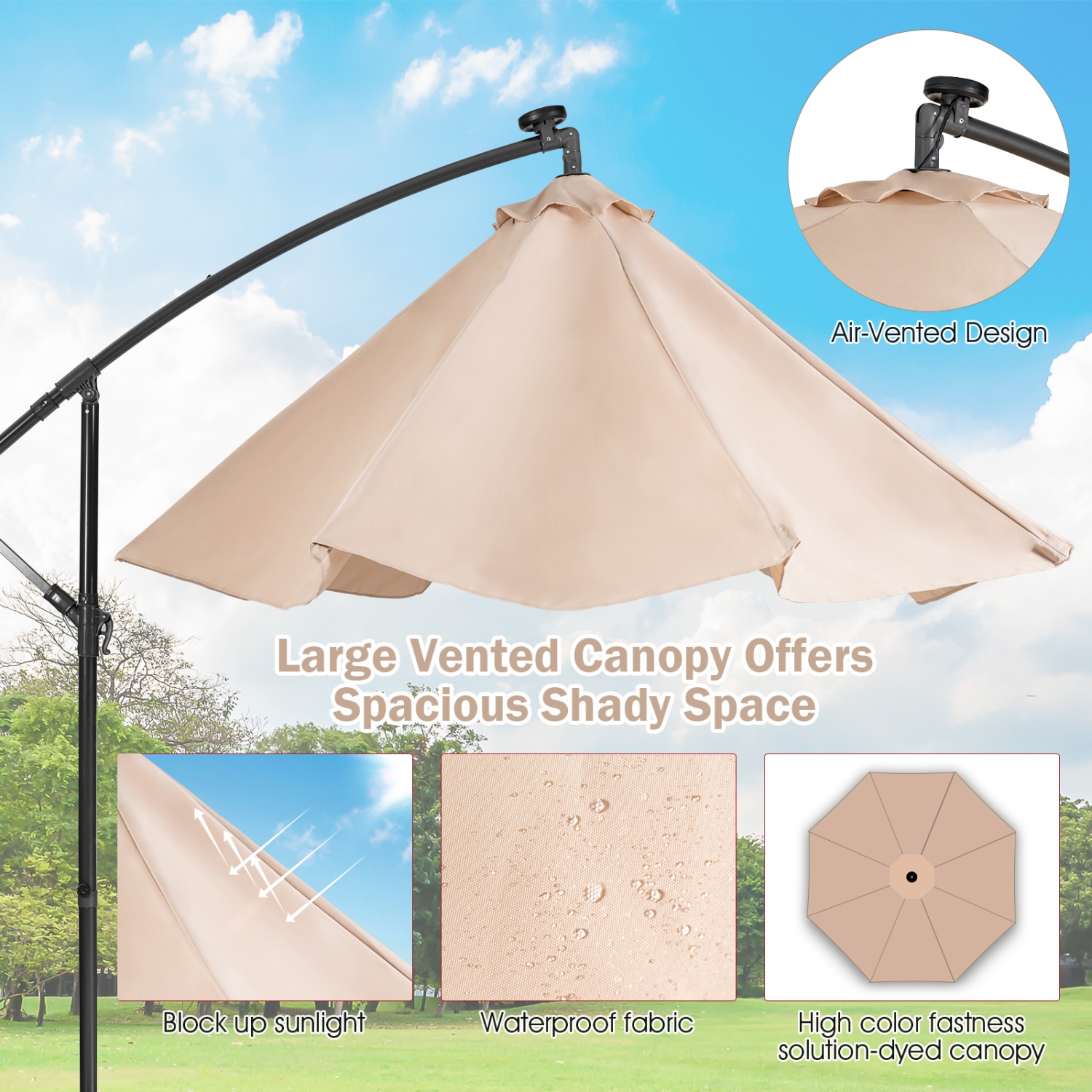 Parasol patio de 10 pi PatioJoy, 32 lampes DEL, solaire, parasol en porte-à-faux, 8 tiges, beige/café/bleu/bleu marine/vin, parasol en porte-à-faux,