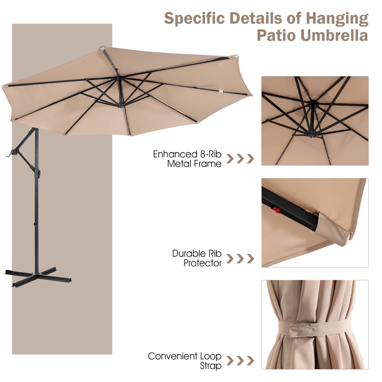 Parasol patio de 10 pi PatioJoy, 32 lampes DEL, solaire, parasol en porte-à-faux, 8 tiges, beige/café/bleu/bleu marine/vin, parasol en porte-à-faux,