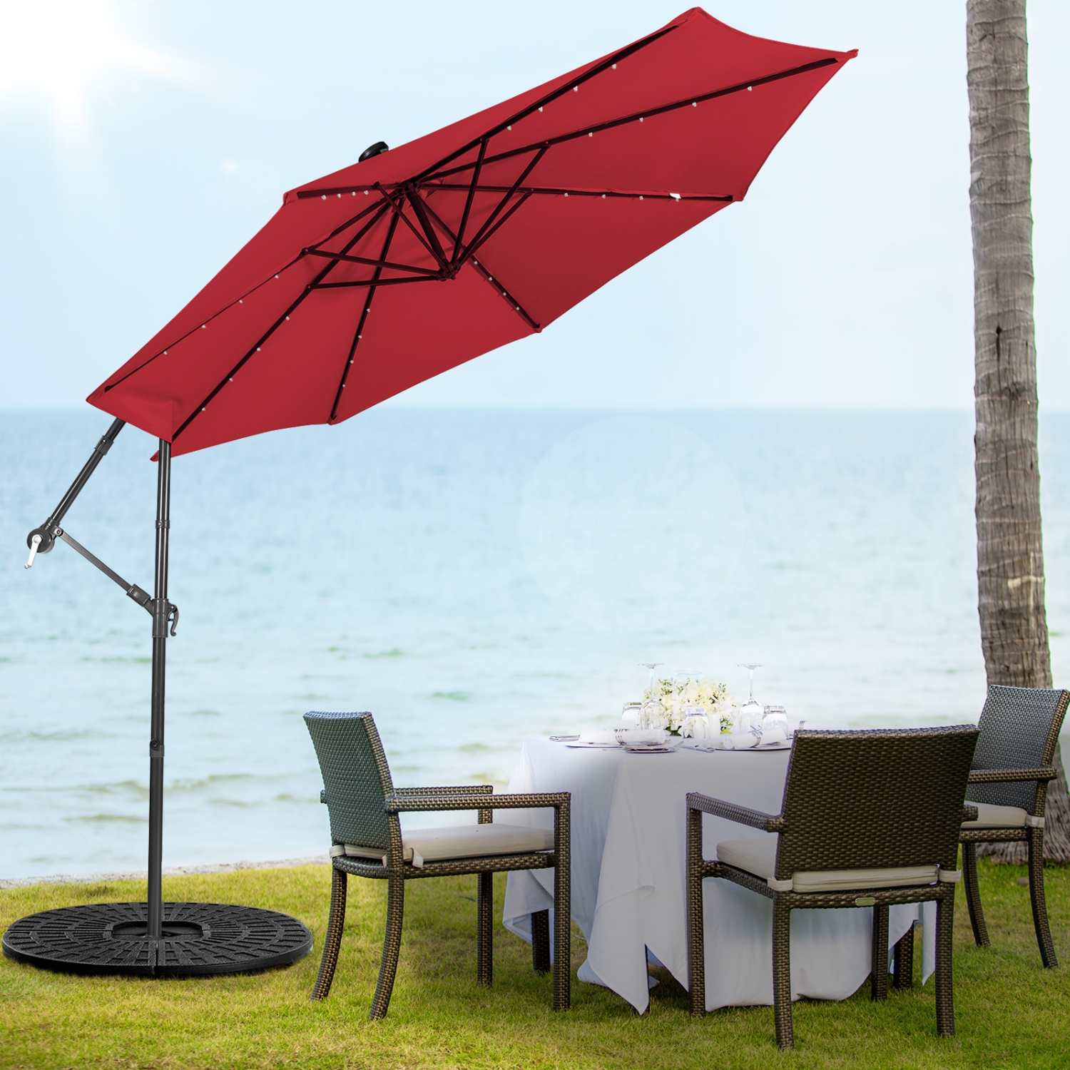 Patiojoy 10FT Patio Umbrella with 32 LED Lights Solar Powered Pool Umbrellas 8 Ribs Cantilever Offset Umbrella for Outdoor Beige/Coffee/Blue/Navy/Wine