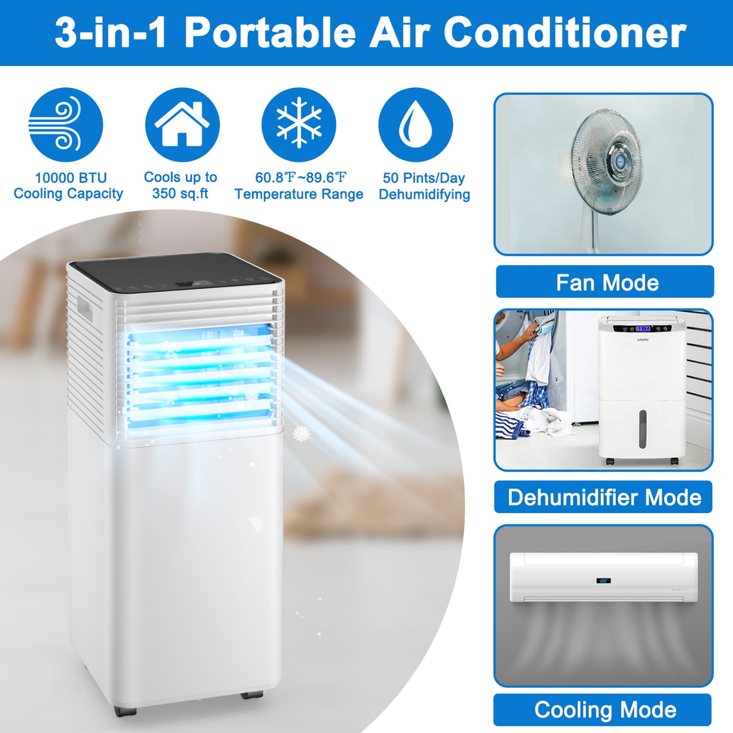 Marque Costway Climatiseur portable de 2,93 kW Rafraîchisseur d'air 3 en 1 avec déshumidificateur et mode ventilateur