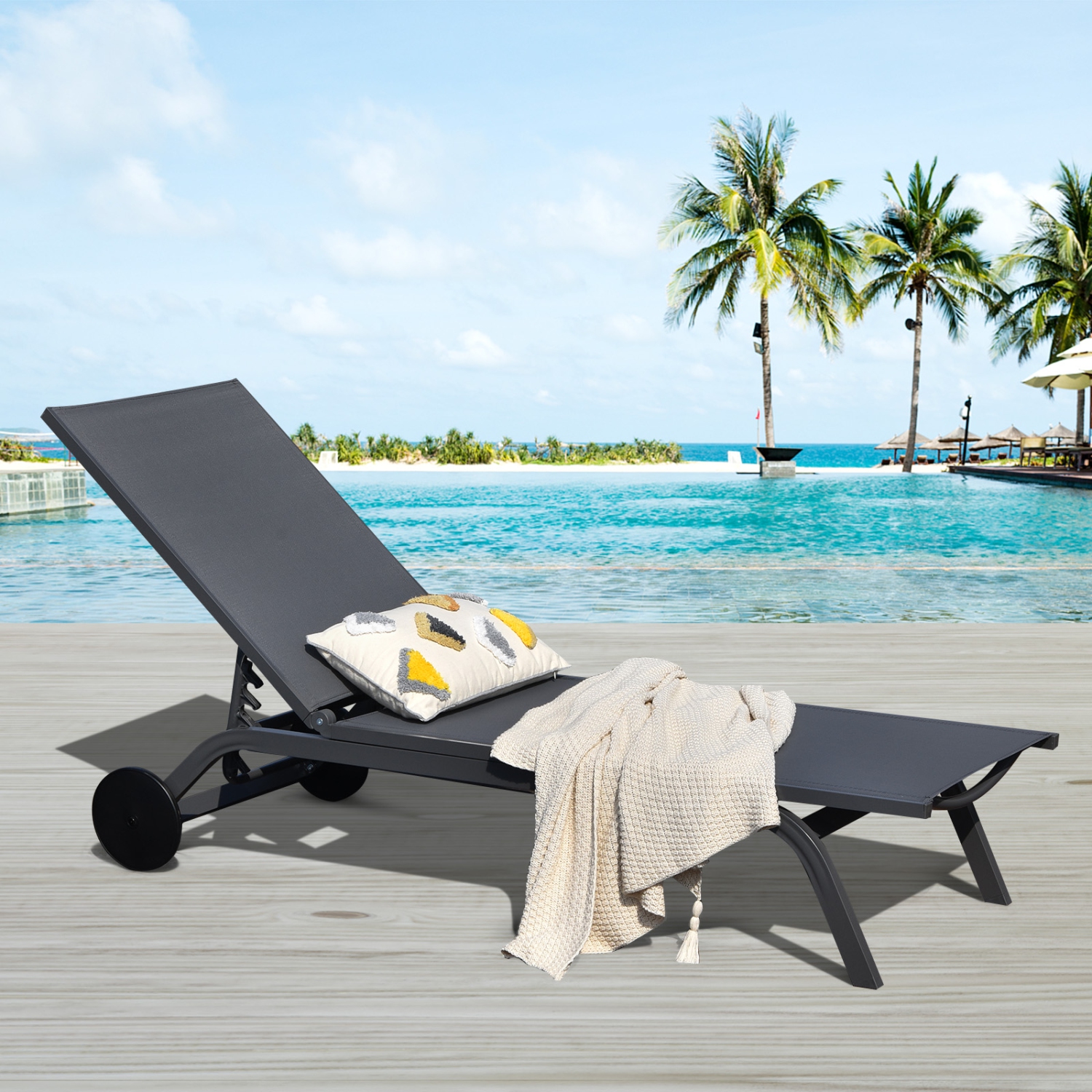 Topbuy Outdoor Aluminum Chaise Lounge Recliner Chair with Adjustable Backrest Black/Brown/Grey