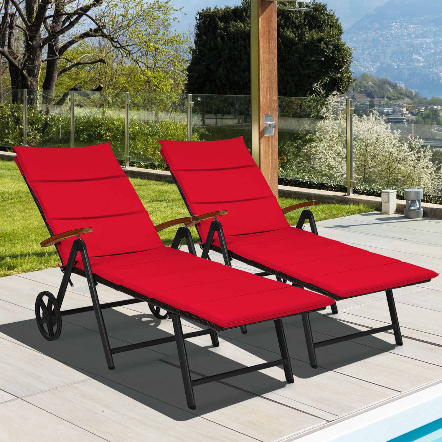 Patiojoy 2PCS Foldable Beach Sling Chair with 7 Adjustable Positions&Cushion Indoor Living Room Chaise Lounge Red