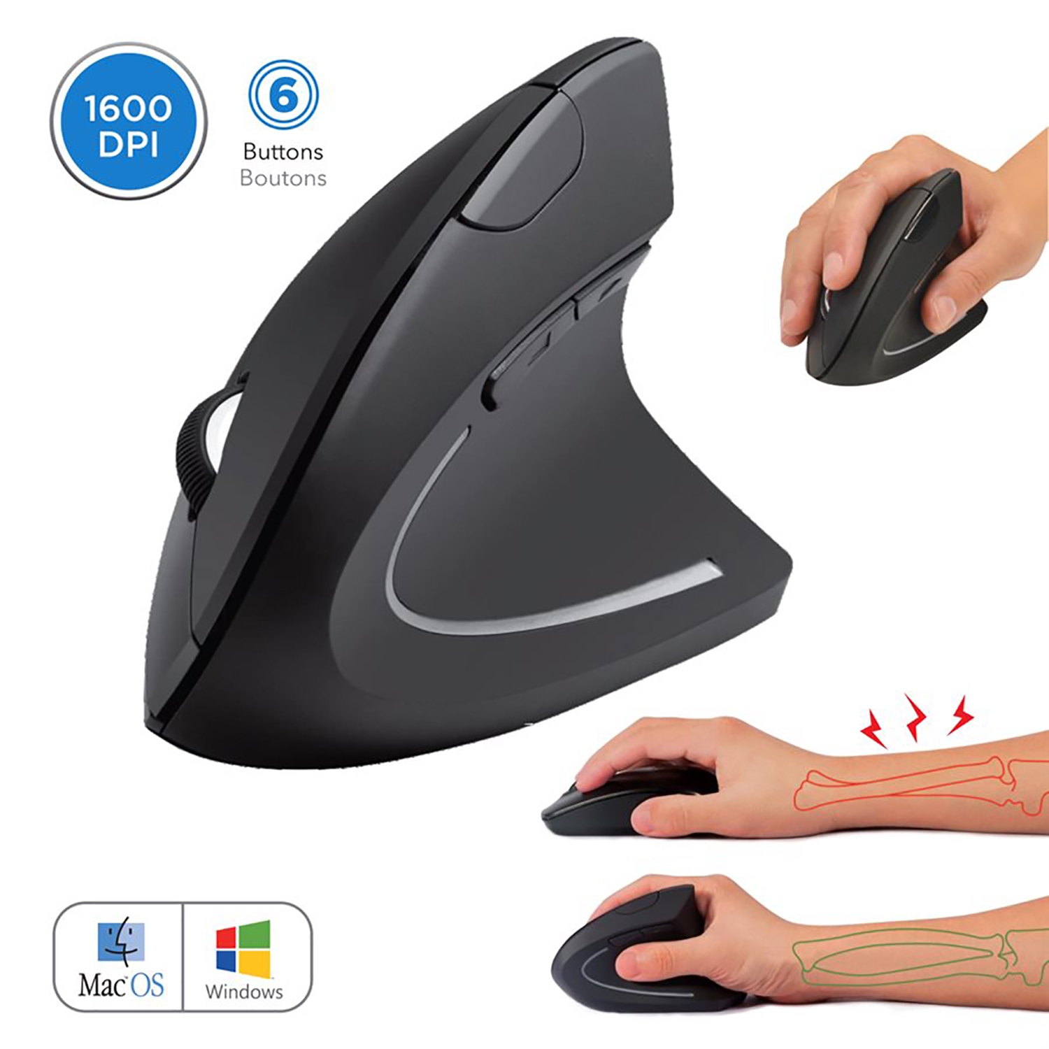 Elink - Souris Ergonomique Verticale Sans-Fil à 6 Boutons, DPI Réglable, Noir