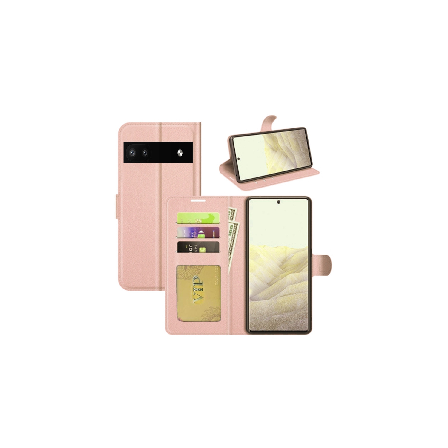 [CS] Google Pixel 6A 5G 2022 Case, Magnetic Leather Folio Wallet Flip Case Cover with Card Slot, Rose Gold