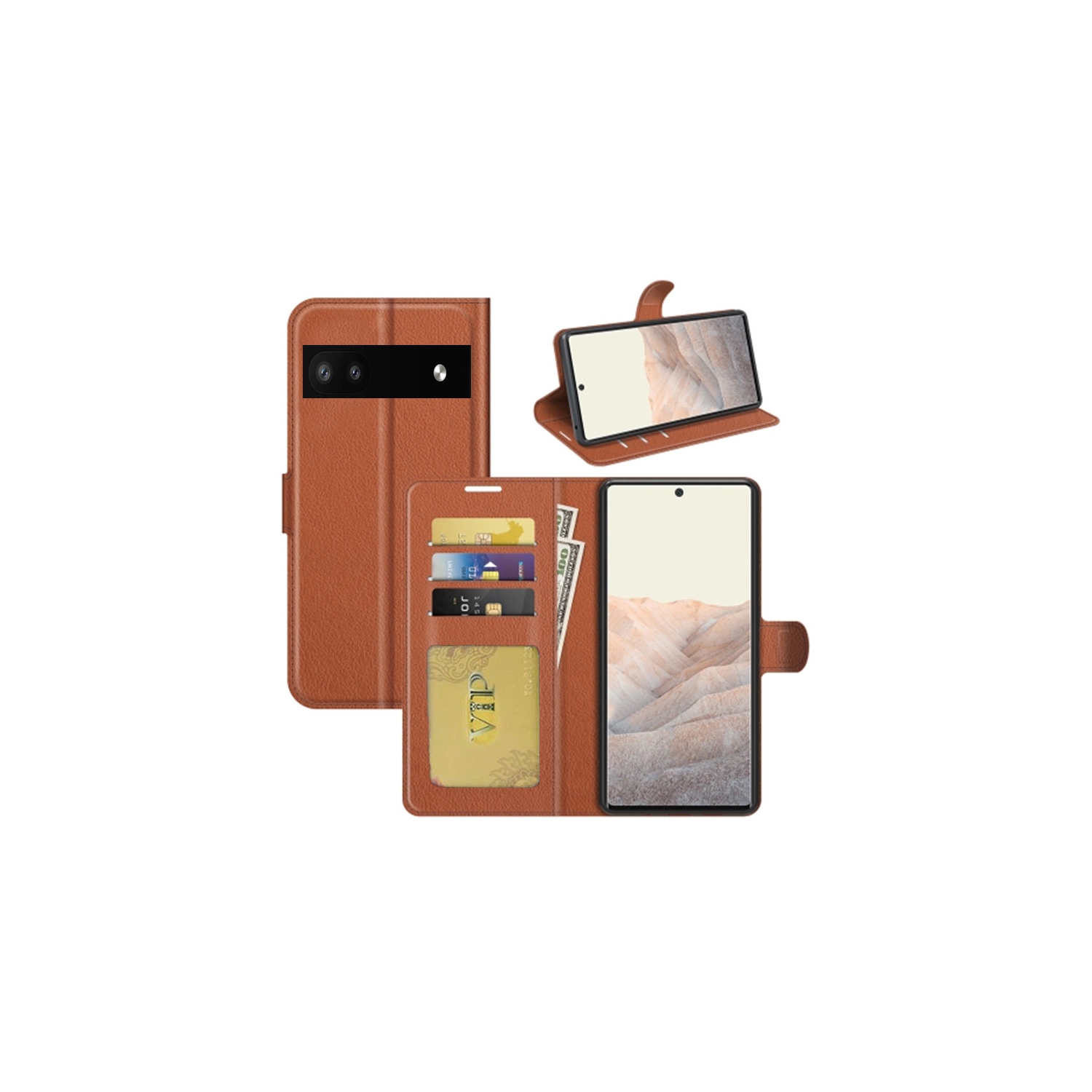 【CSmart】 Magnetic Card Slot Leather Folio Wallet Flip Case Cover for Google Pixel 6A 5G 2022, Brown