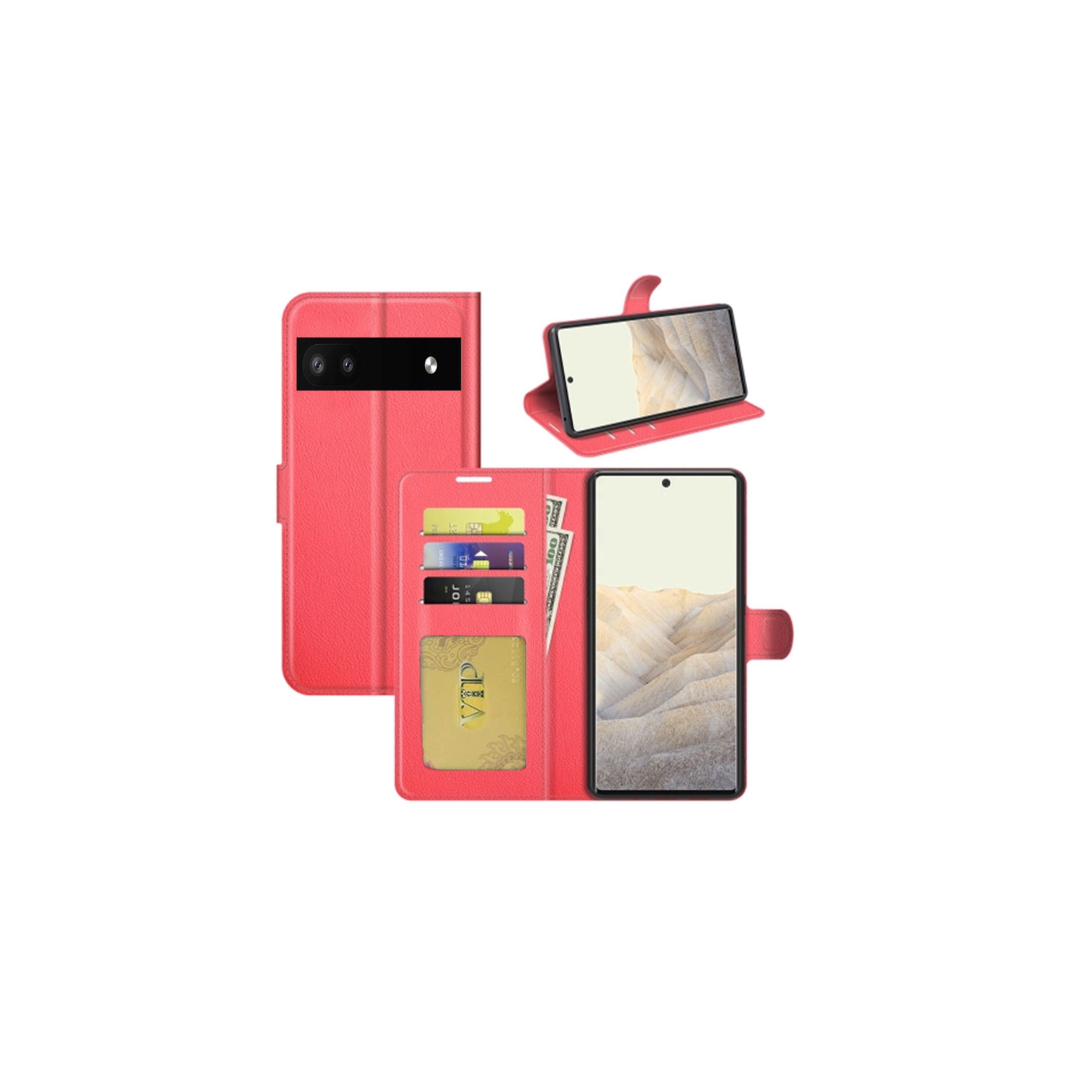 [CS] Étui pour Pixel 6&nbsp;A 5G 2022 de Google, étui folio en cuir magnétique à rabat avec fente pour carte, rouge
