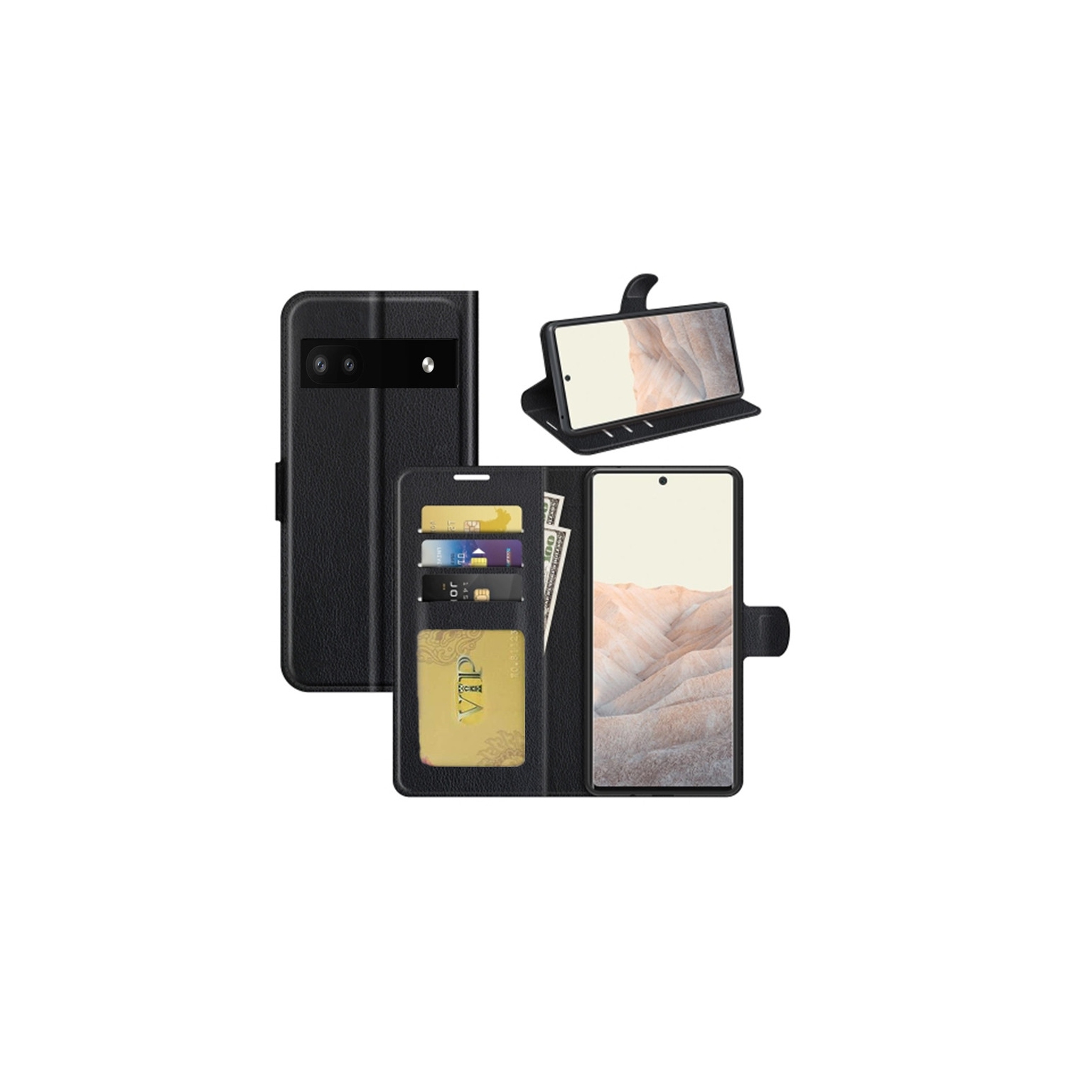 【CSmart】 Magnetic Card Slot Leather Folio Wallet Flip Case Cover for Google Pixel 6A 5G 2022, Black