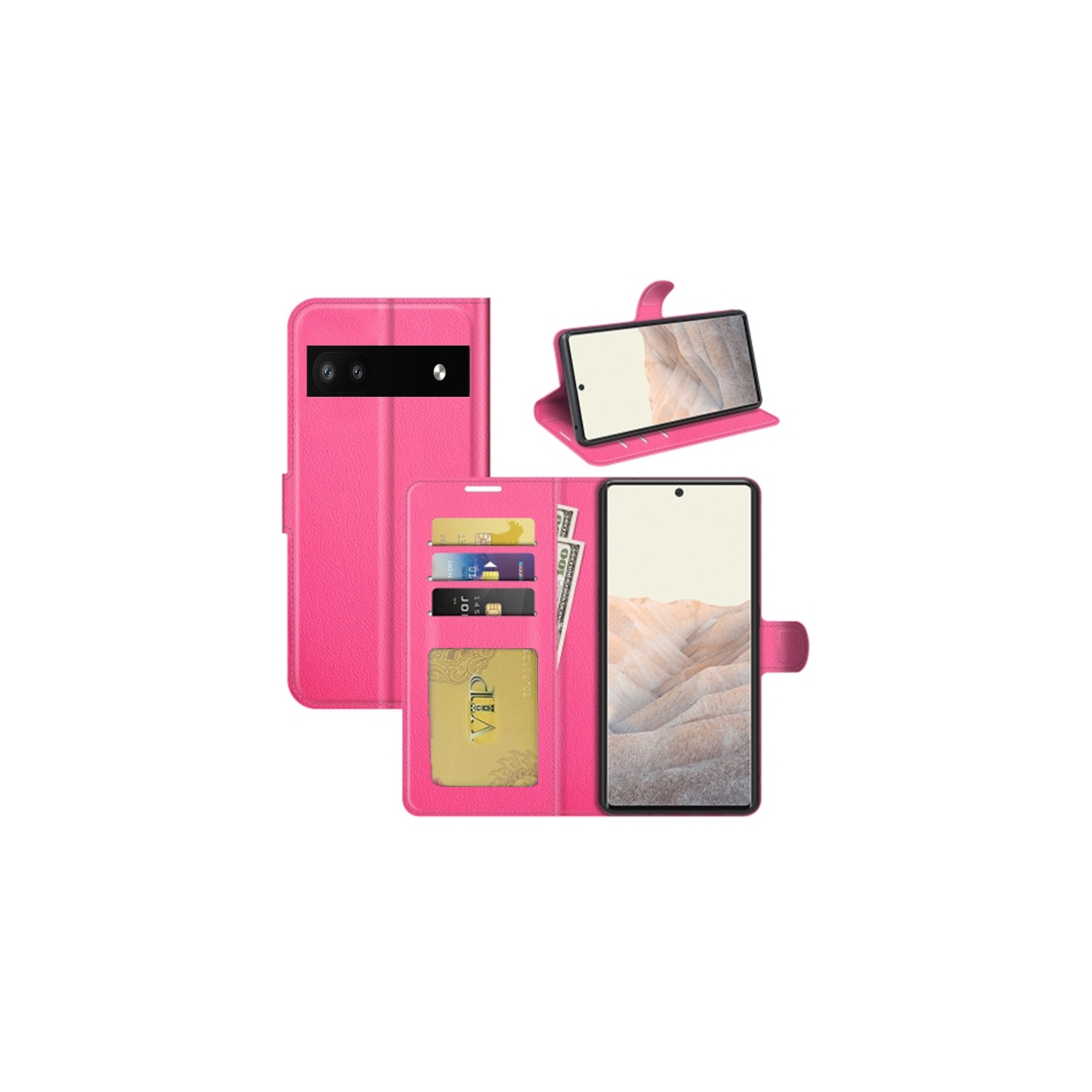 【CSmart】 Magnetic Card Slot Leather Folio Wallet Flip Case Cover for Google Pixel 6A 5G 2022, Hot Pink