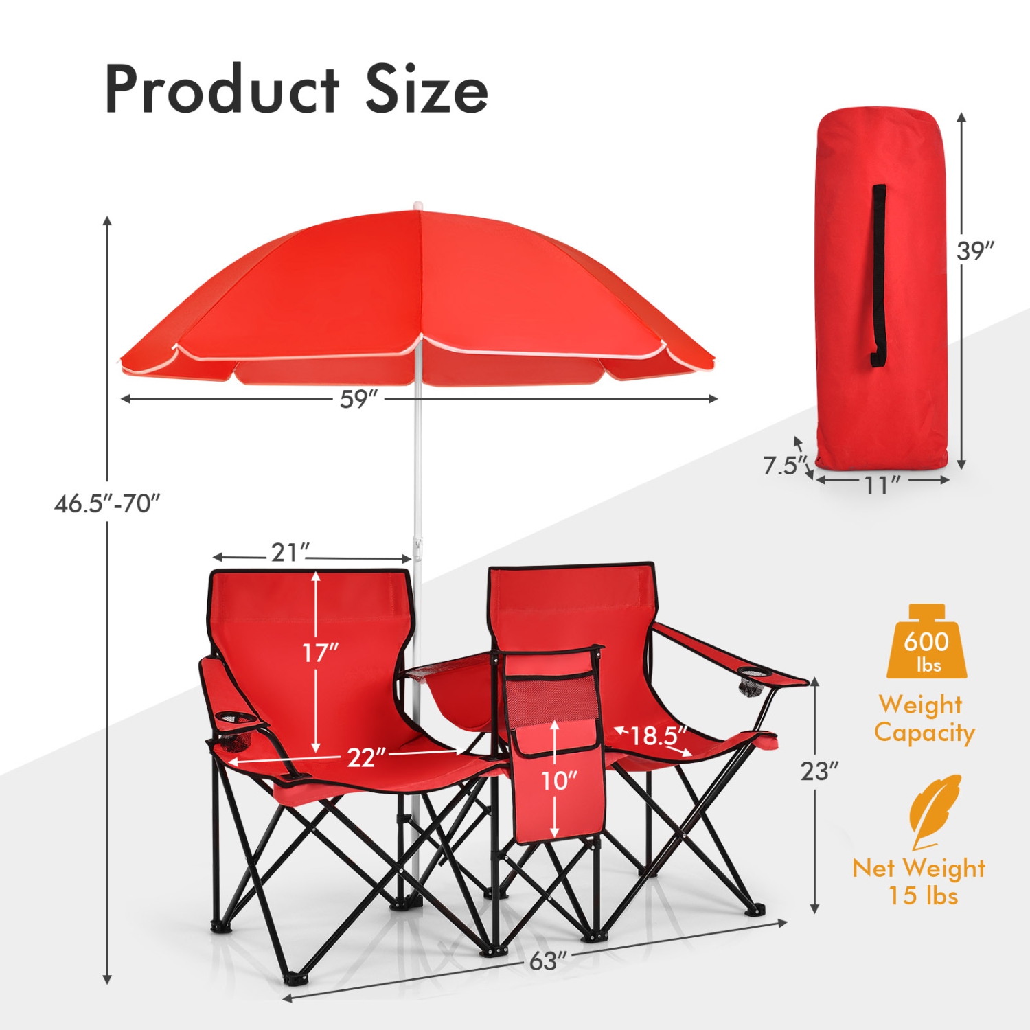 Chaise de pique-nique pliable portative double avec parasol et mini table chaise de camping extérieur Topbuy gris plage/noir/turquoise