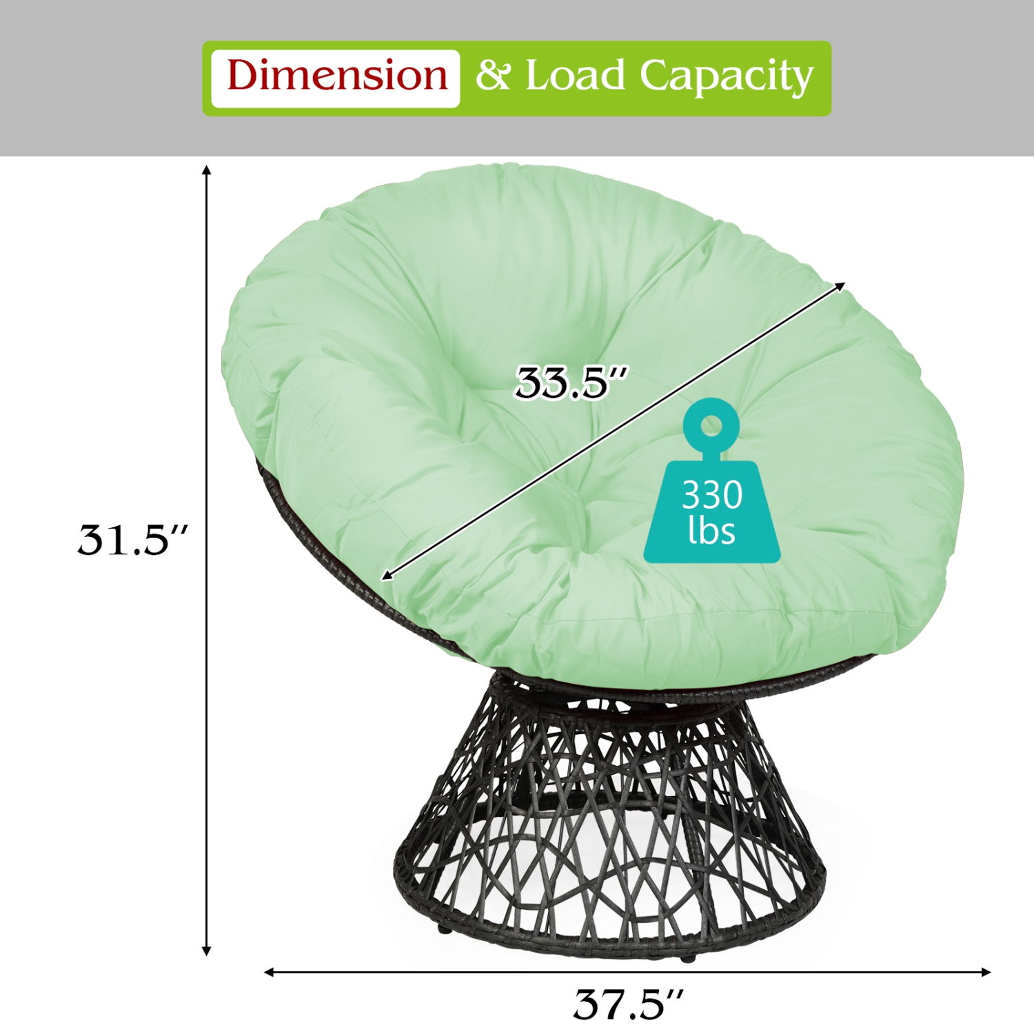 Chaise ergonomique en rotin Papasan de PatioJoy – coussin pivotant 360°, résistant aux intempéries, extérieur/intérieur, rouge/noir/vert