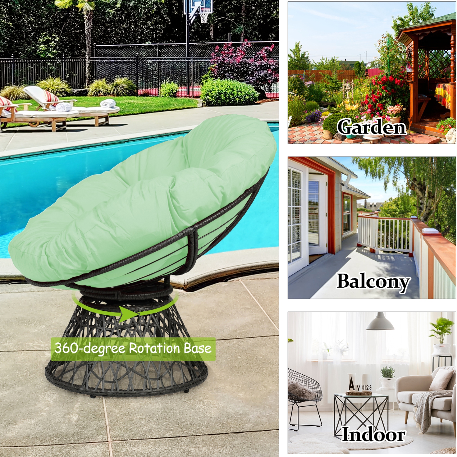 Chaise ergonomique en rotin Papasan de PatioJoy – coussin pivotant 360°, résistant aux intempéries, extérieur/intérieur, rouge/noir/vert