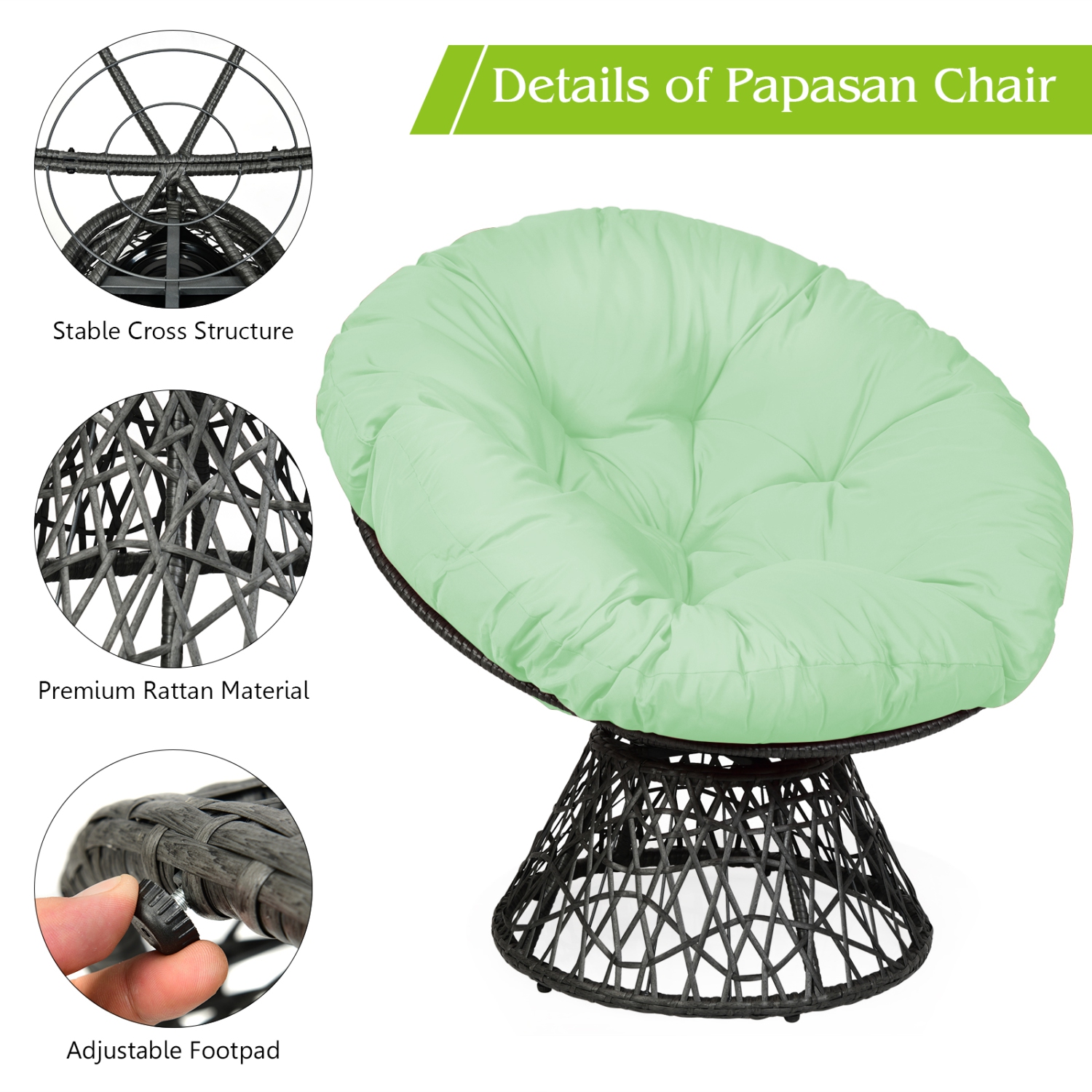 Chaise ergonomique en rotin Papasan de PatioJoy – coussin pivotant 360°, résistant aux intempéries, extérieur/intérieur, rouge/noir/vert