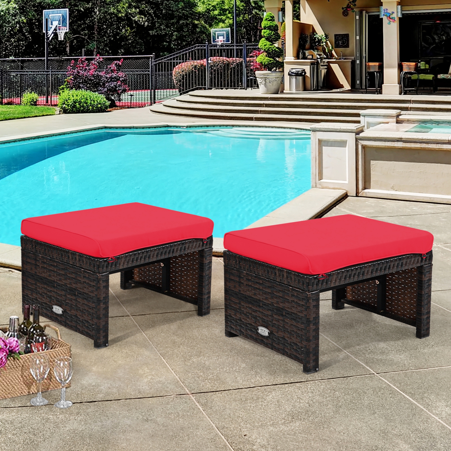 Patiojoy 2 PCS Outdoor Wicker Ottoman Patio Rattan Furniture Metal Footrest Seat Square Footstool with Cushion