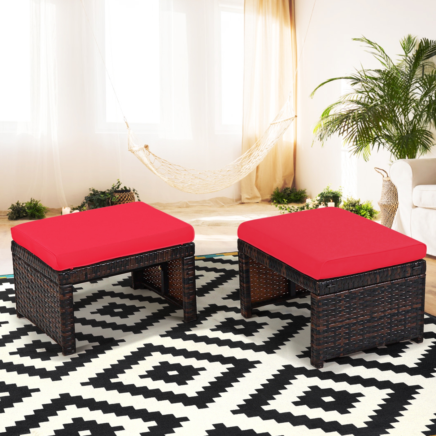Patiojoy 2 PCS Outdoor Wicker Ottoman Patio Rattan Furniture Metal Footrest Seat Square Footstool with Cushion