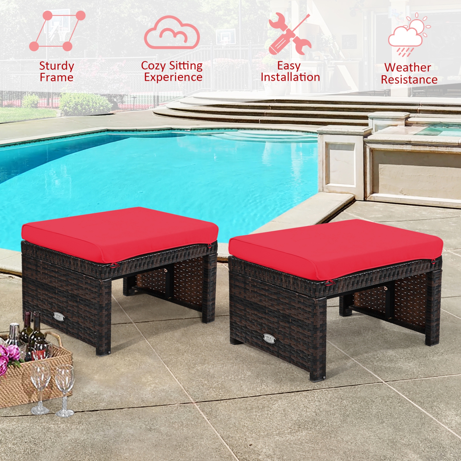 Patiojoy 2 PCS Outdoor Wicker Ottoman Patio Rattan Furniture Metal Footrest Seat Square Footstool with Cushion