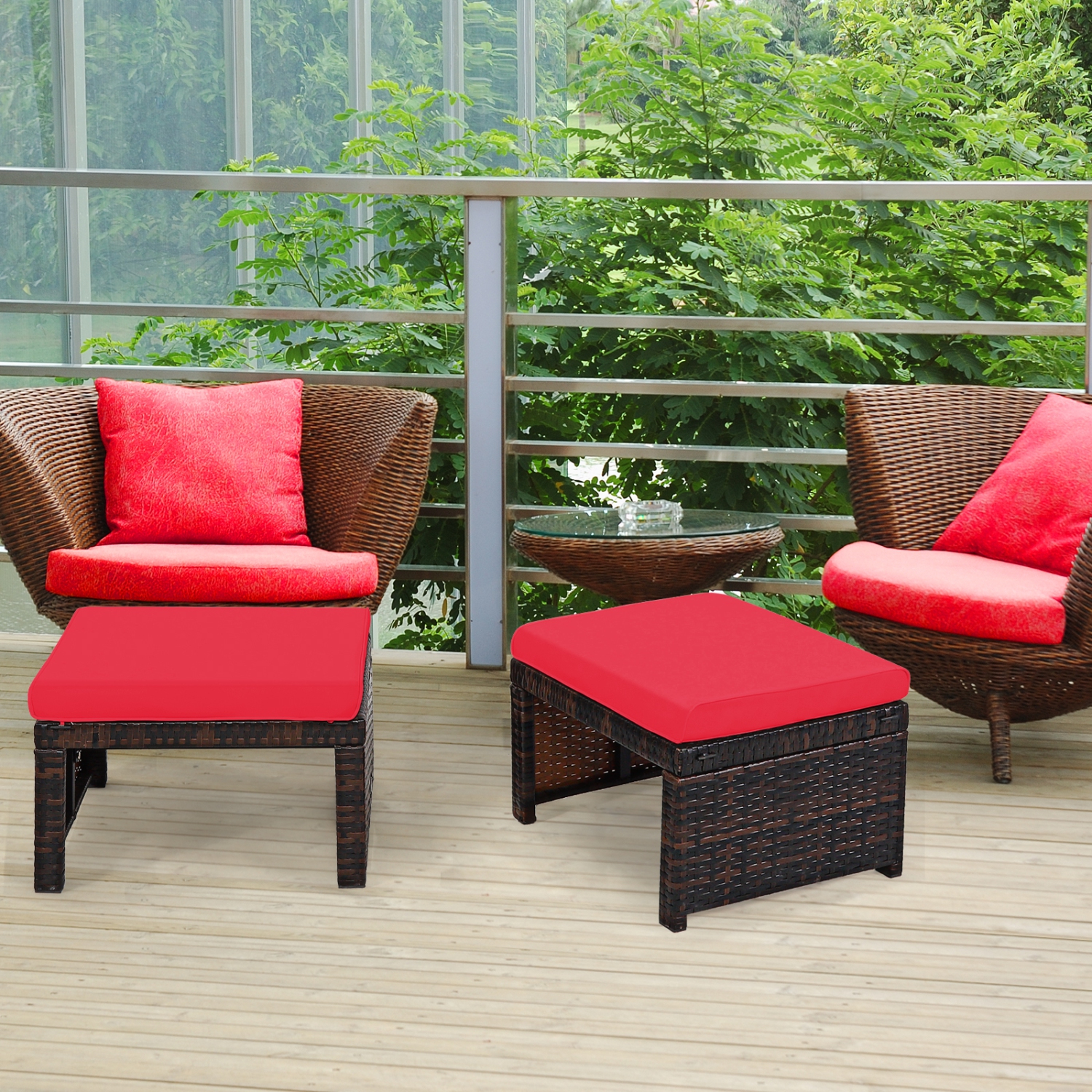 Patiojoy 2 PCS Outdoor Wicker Ottoman Patio Rattan Furniture Metal Footrest Seat Square Footstool with Cushion
