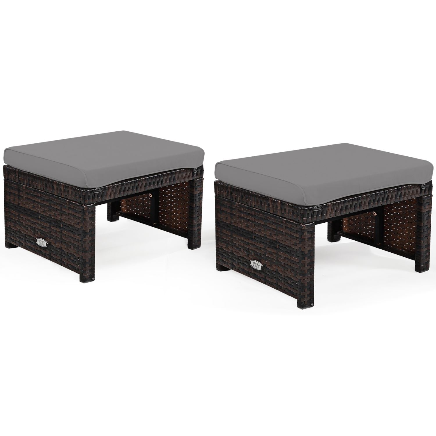 Patiojoy 2 PCS Outdoor Wicker Ottoman Patio Rattan Furniture Metal Footrest Seat Square Footstool with Cushion