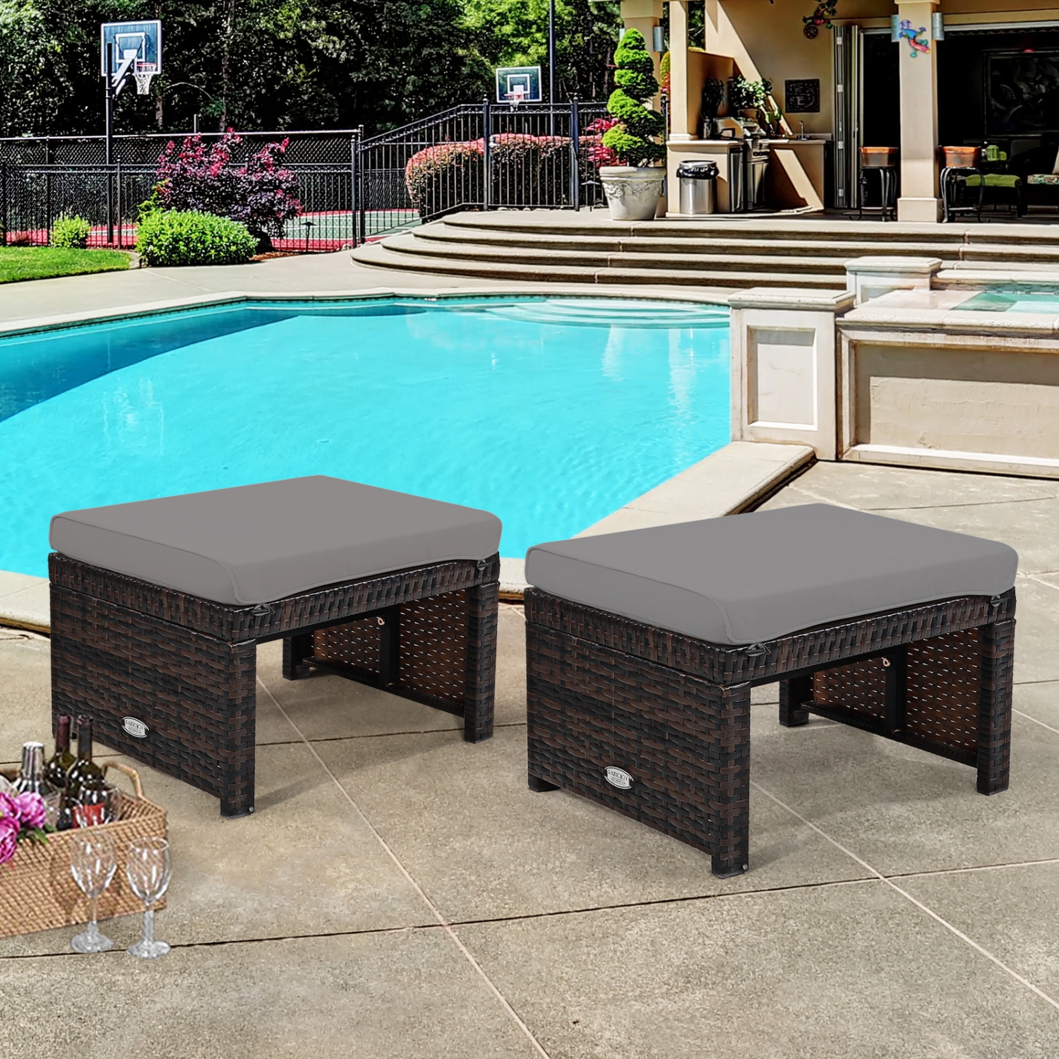 Patiojoy 2 PCS Outdoor Wicker Ottoman Patio Rattan Furniture Metal Footrest Seat Square Footstool with Cushion