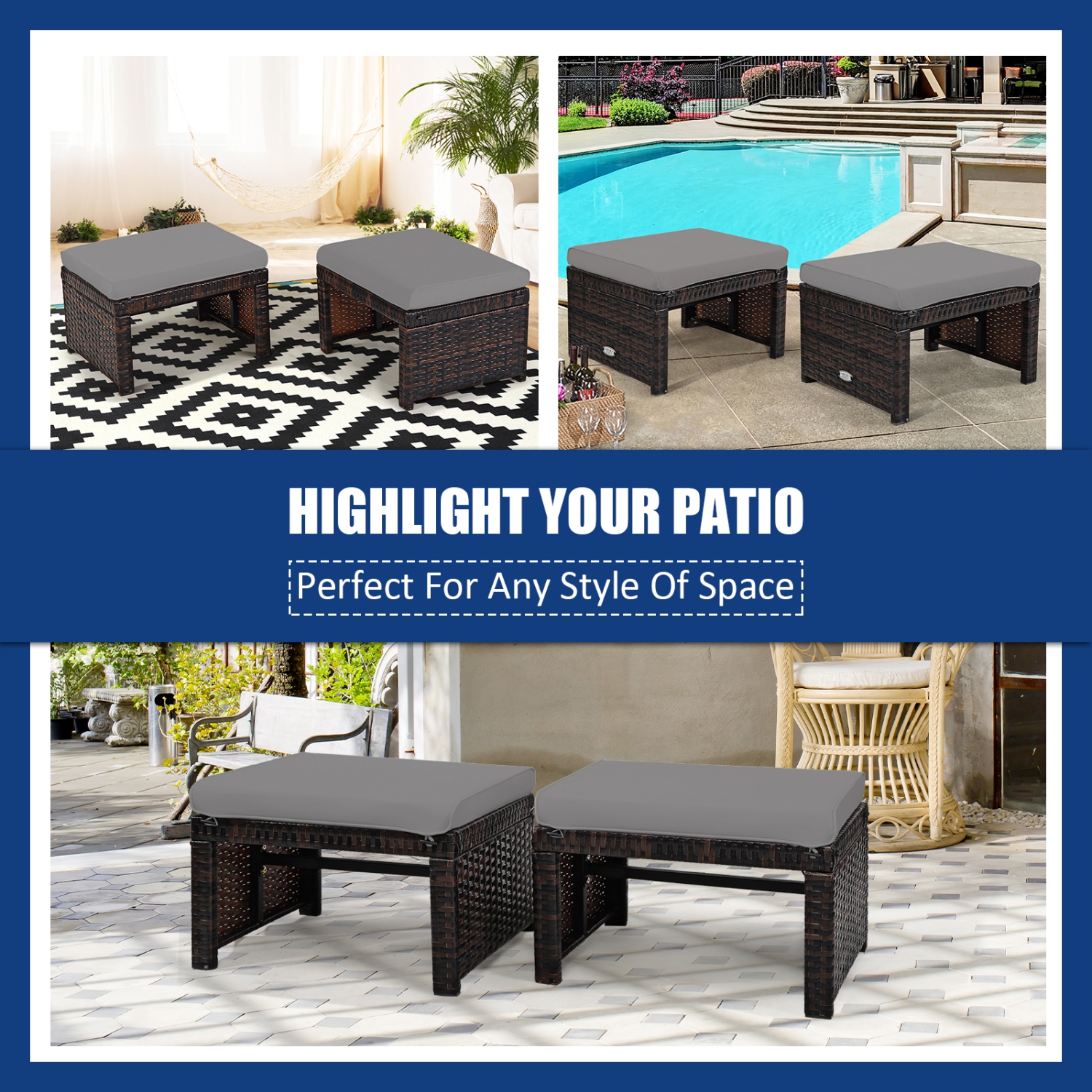 Patiojoy 2 PCS Outdoor Wicker Ottoman Patio Rattan Furniture Metal Footrest Seat Square Footstool with Cushion