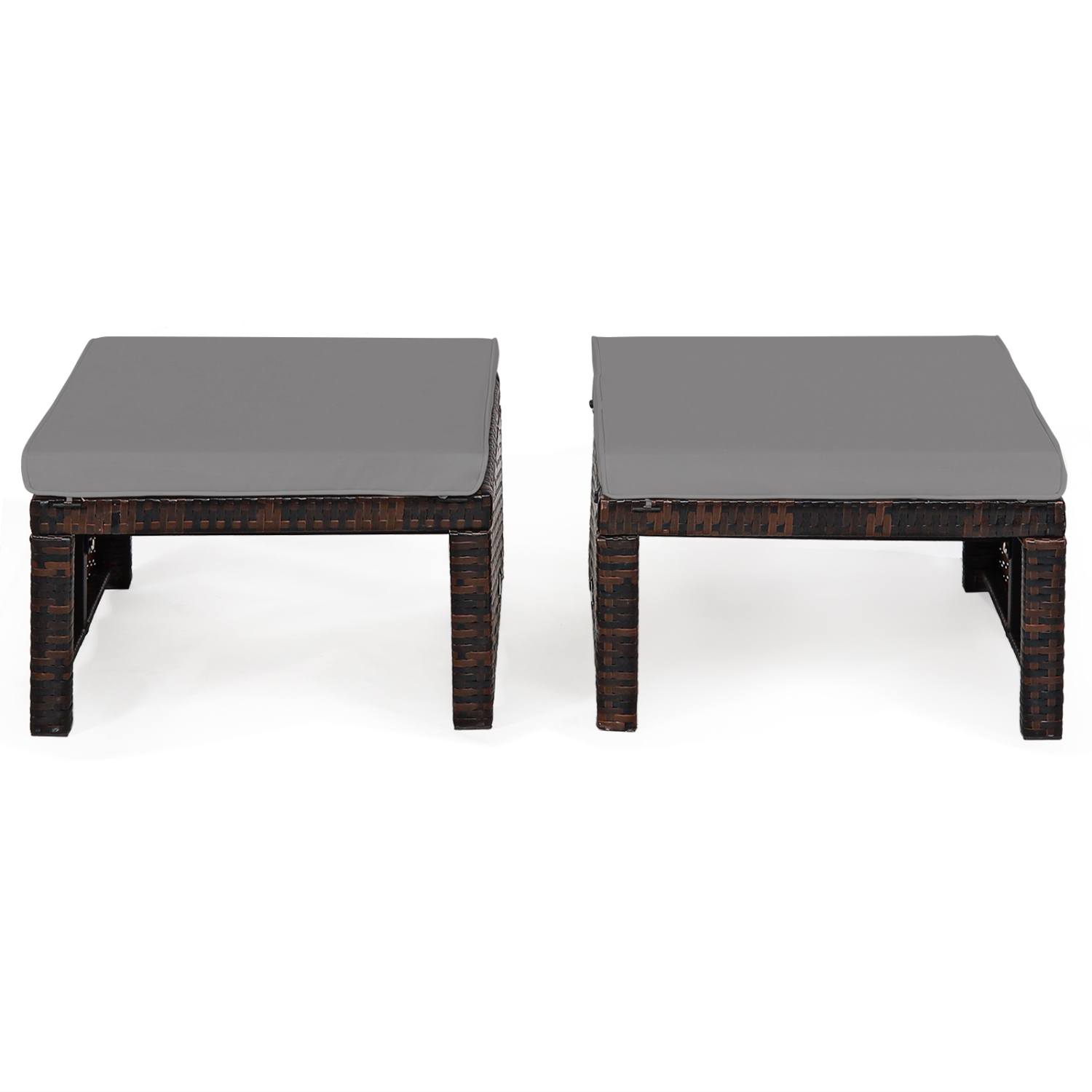 Patiojoy 2 PCS Outdoor Wicker Ottoman Patio Rattan Furniture Metal Footrest Seat Square Footstool with Cushion