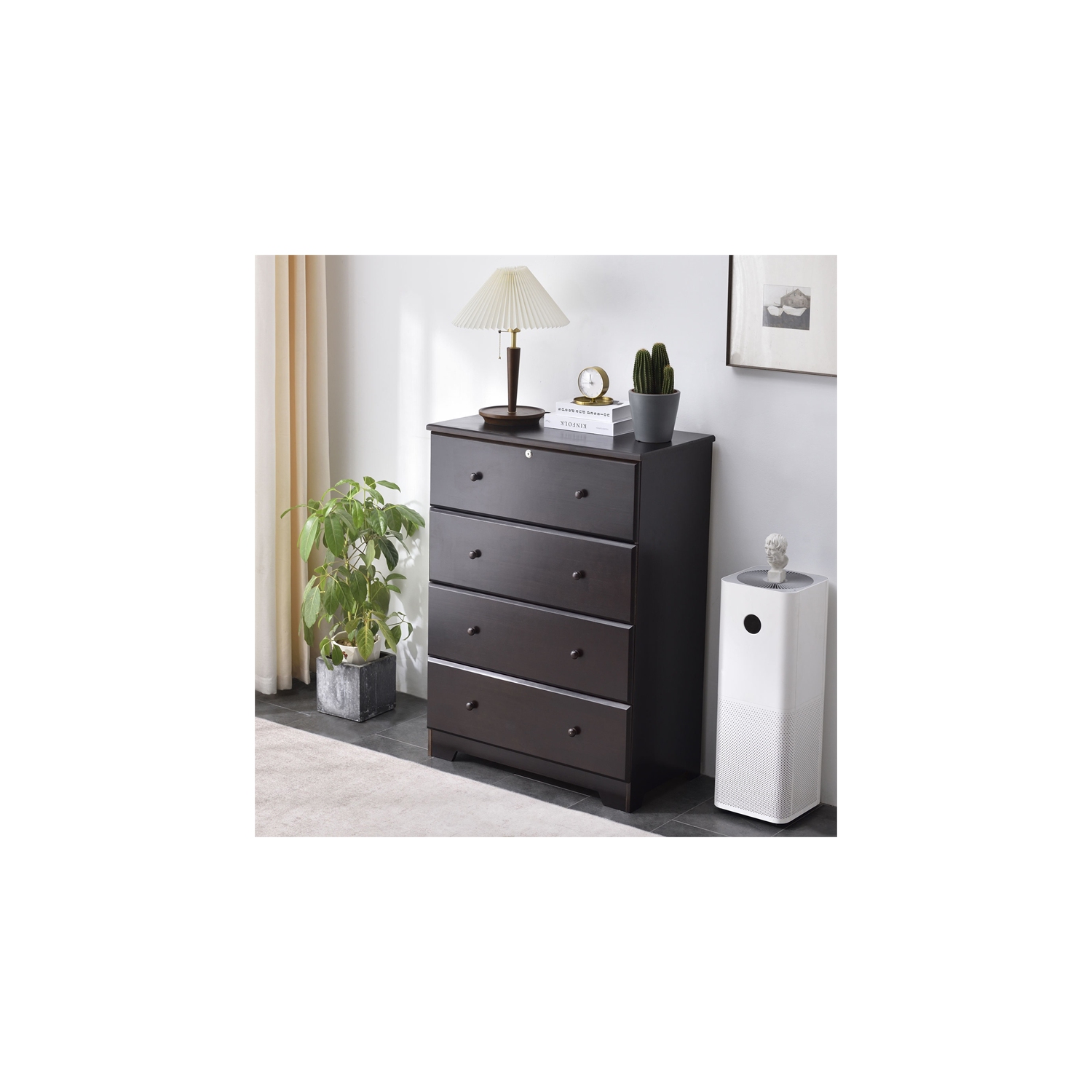 Better Home Products Isabela Solid Pine Wood 4 Drawer Chest Dresser in Tobacco