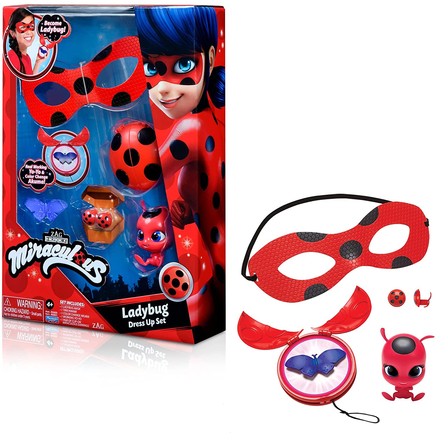 Miraculous Ladybug Dress Up Set with Yoyo, Color Change Akuma, kwami, mask and Earrings by Playmates Toys