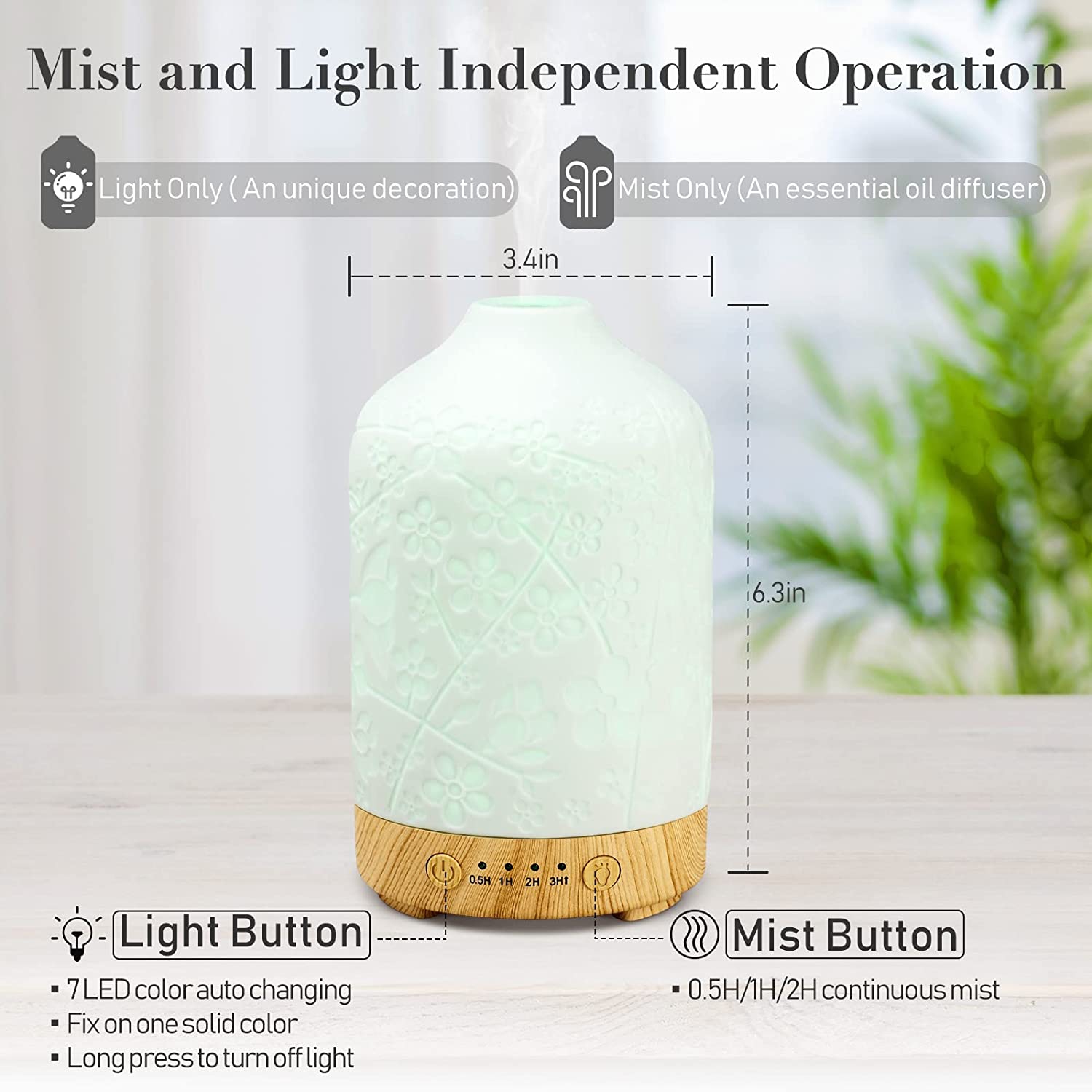 Ceramic Aromatherapy Essential Oil Diffuser 100ml Ultrasonic Aroma Oil Diffuser Humidifier Whisper Quiet Timer Setting Colorful LED Lights Changing