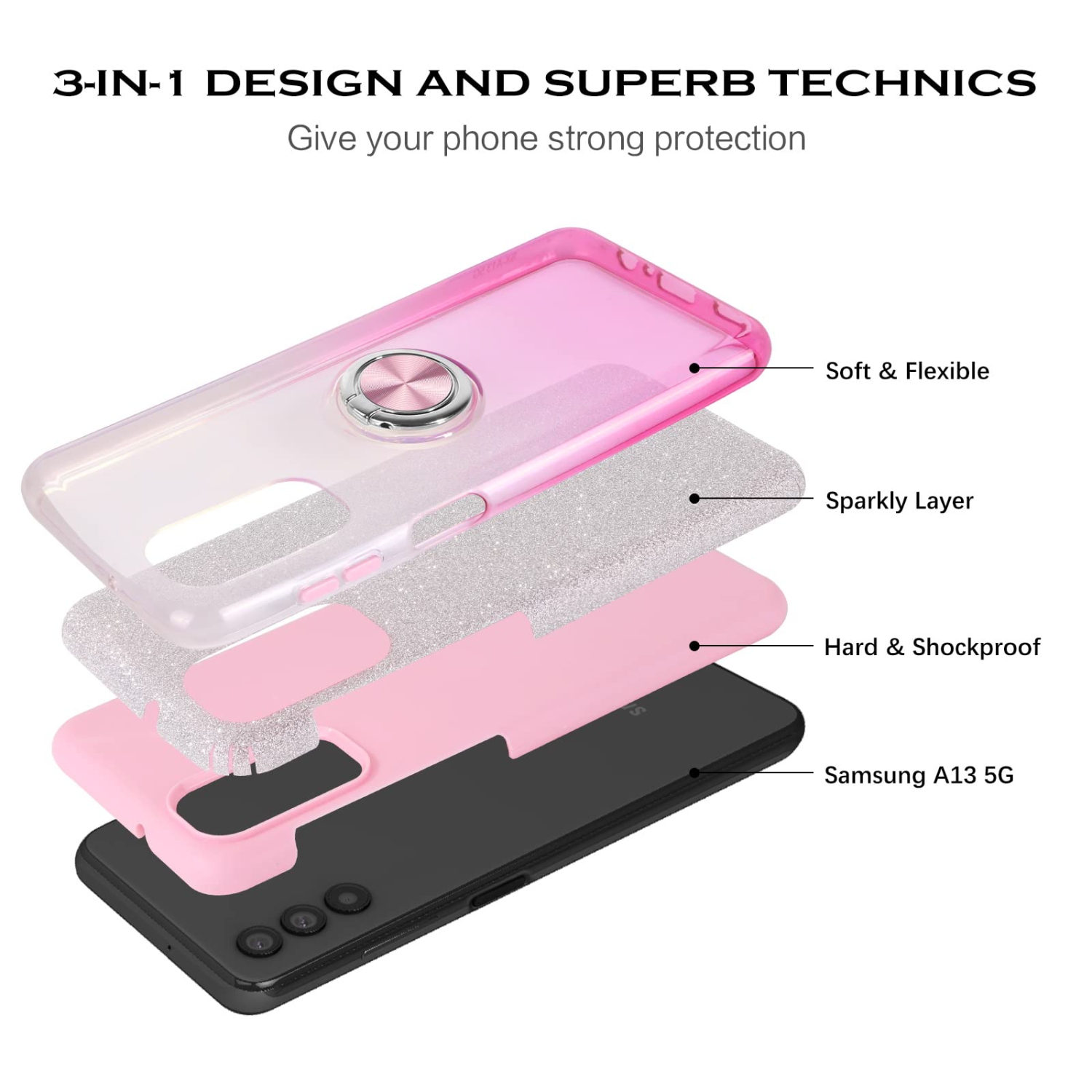 Samsung Galaxy A13 Case Slim Sparkly Glitter Samsung Galaxy A13 5G Case with Rotatable Ring Holder TPU Case Cover for Samsung Galaxy A13 5G 6.5 inch,