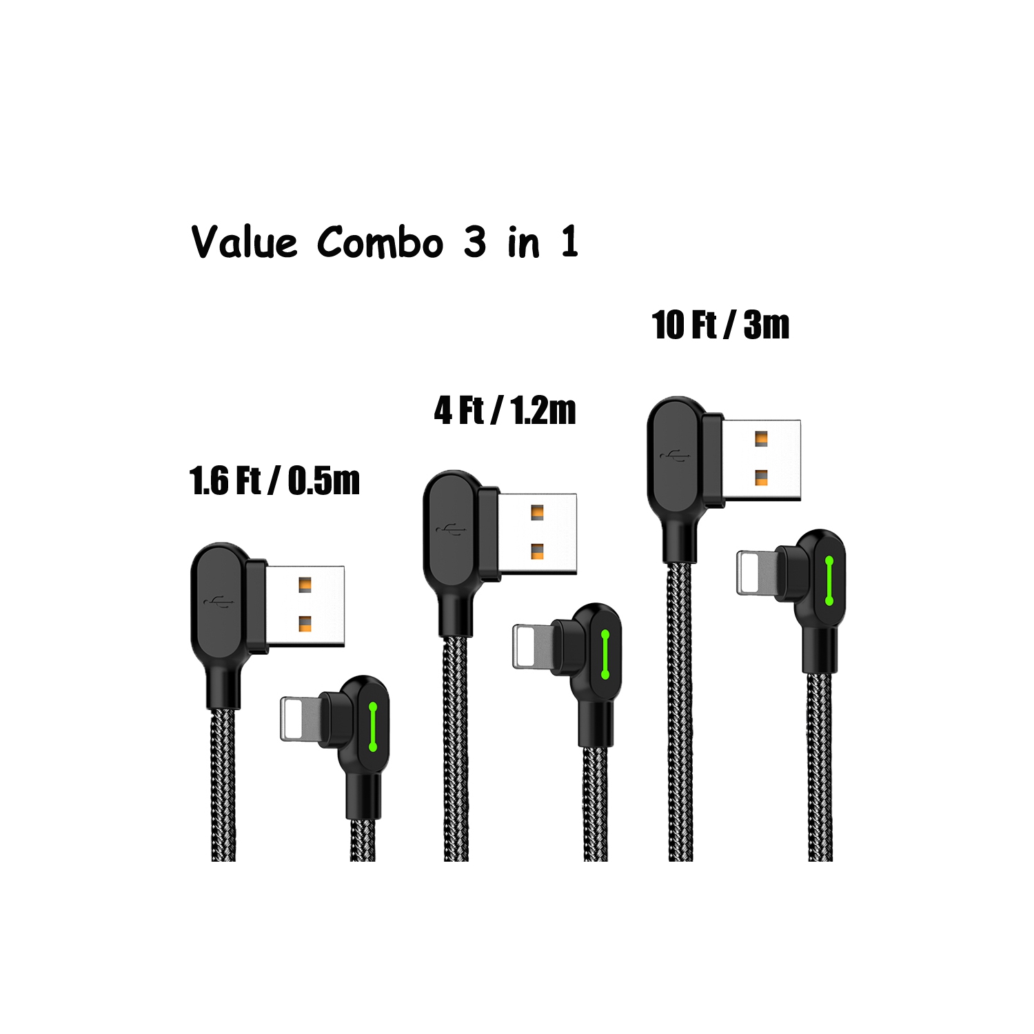 [3 Pack] Mcdodo USB-A to Lightning Fast Charging Cable USB 90 Degree Right Angle Gaming LED Nylon Braided for iPhone14 iPhone 13/Pad/Pod