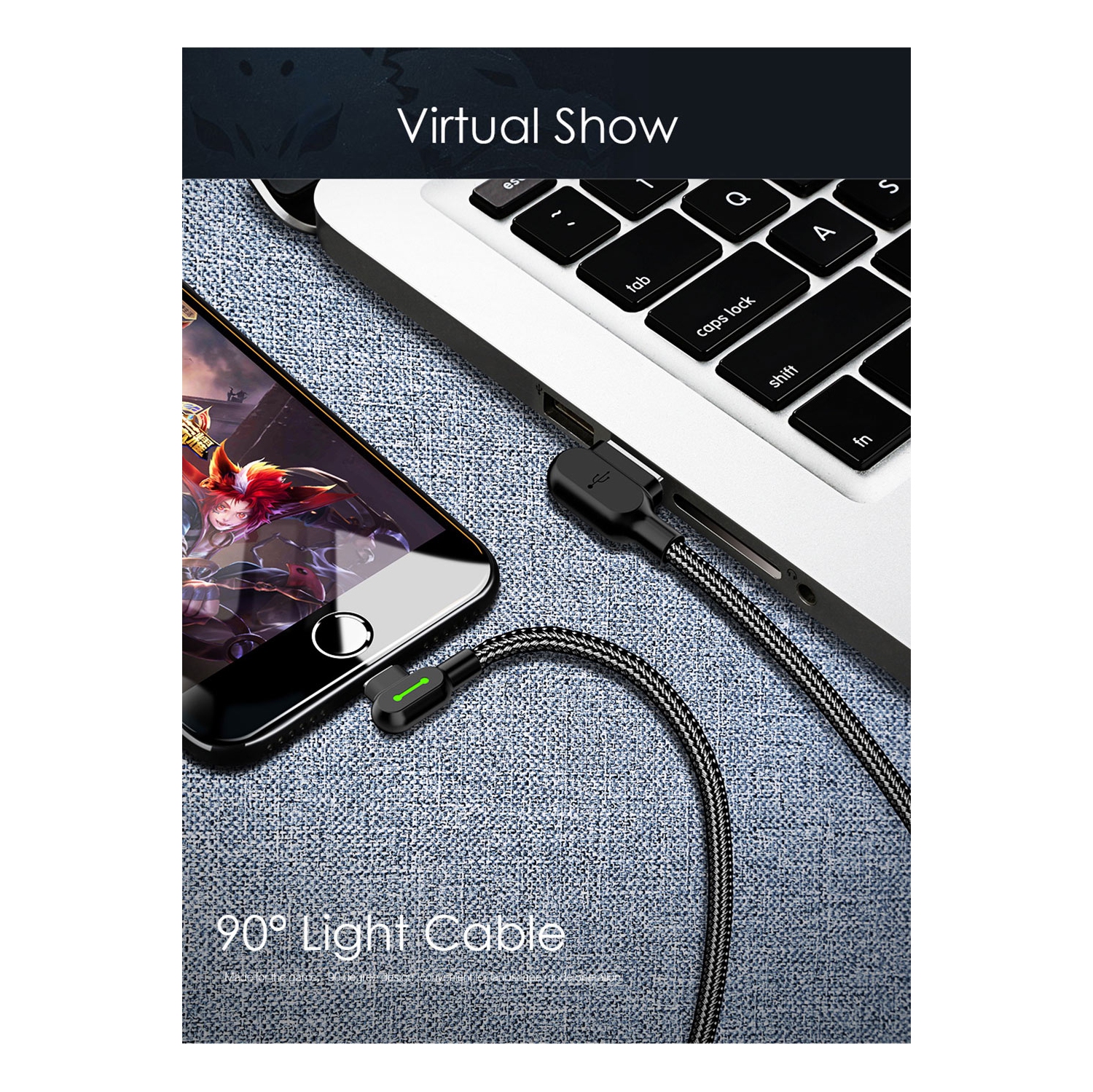 PD USB to Lightning Super Fast Charging Cable USB 90 Degree Right Angle Design Gaming LED Nylon Braided Sync USB Reversible Data Cable for