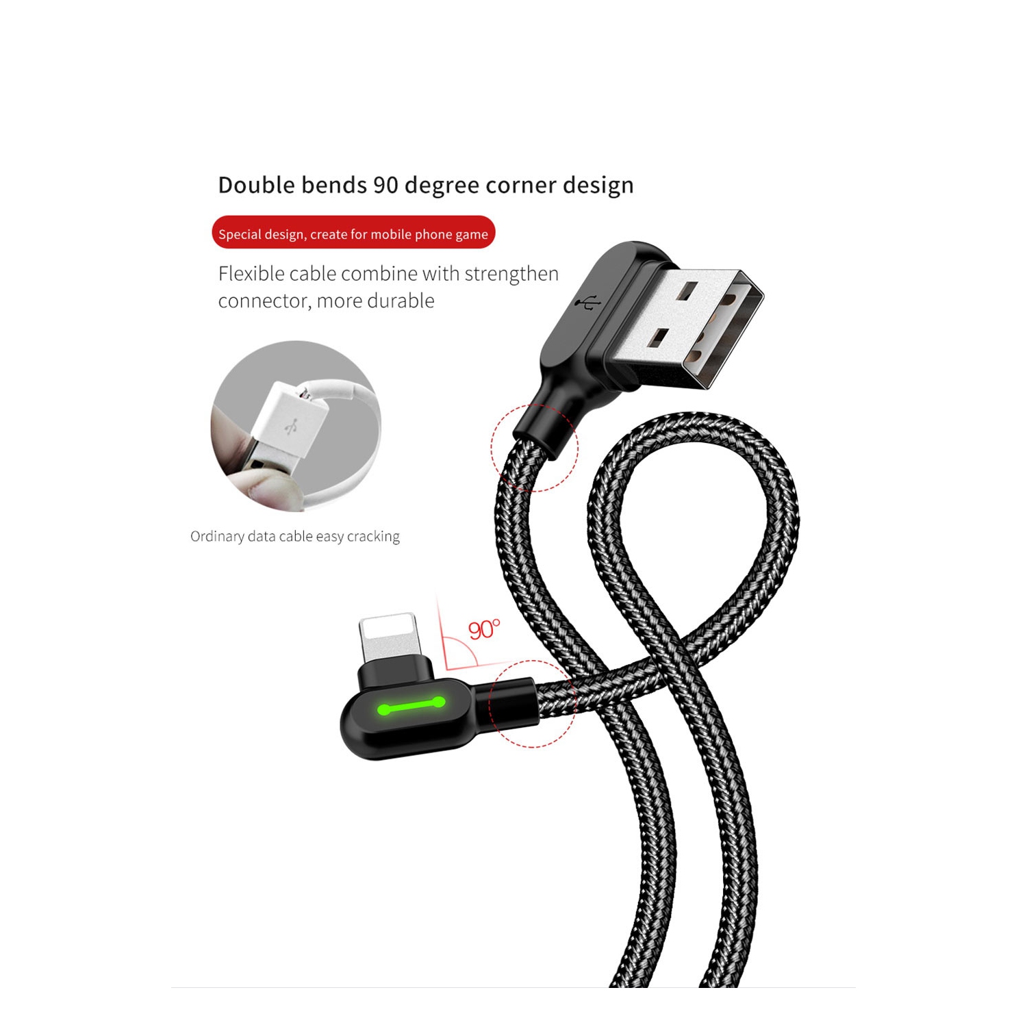 PD USB to Lightning Super Fast Charging Cable USB 90 Degree Right Angle Design Gaming LED Nylon Braided Sync USB Reversible Data Cable for