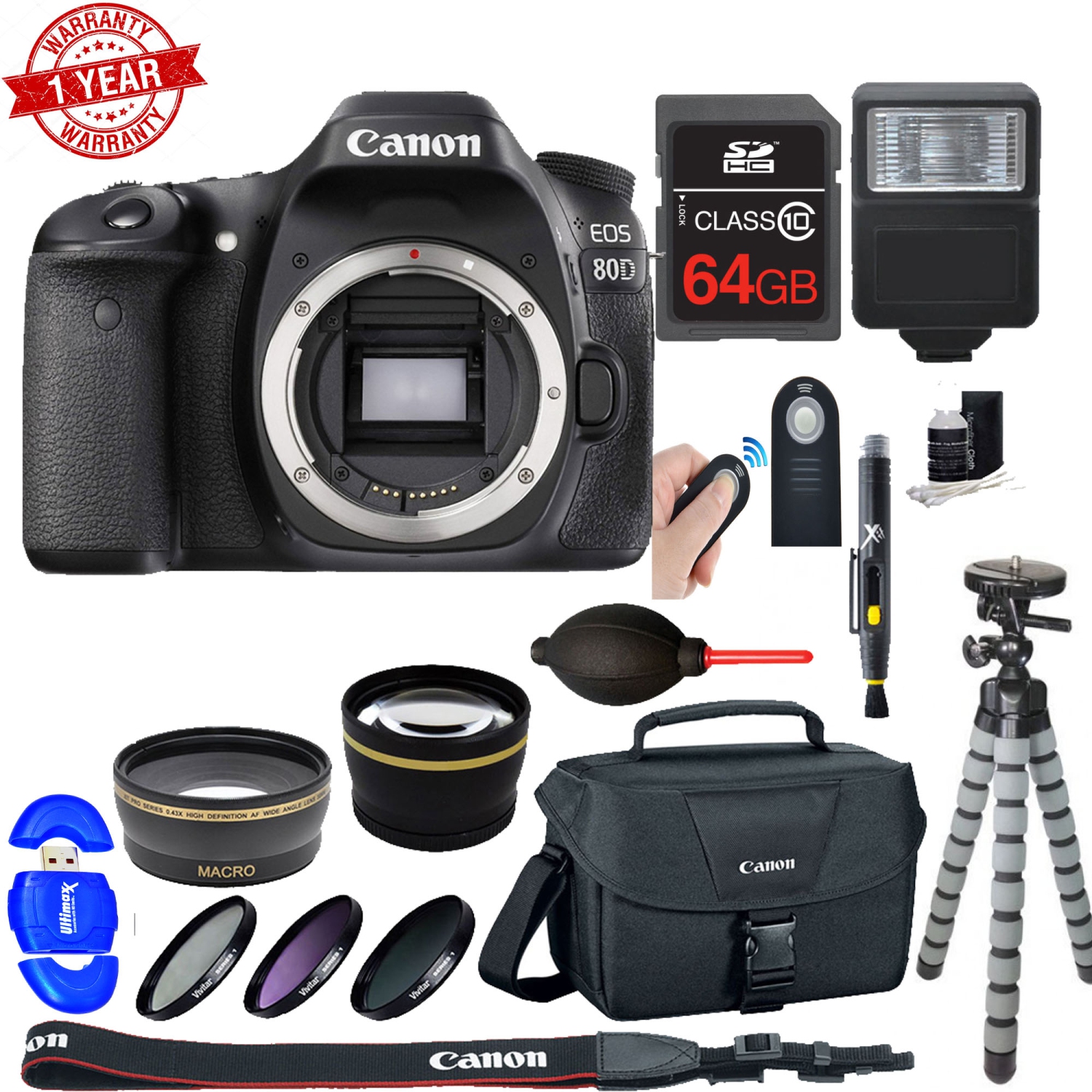 Canon EOS 80D DSLR Camera Bundle 64GB SDXC MC|DSLR Bag|Wide Angle& 2x Telephoto Lenses|Flash & More