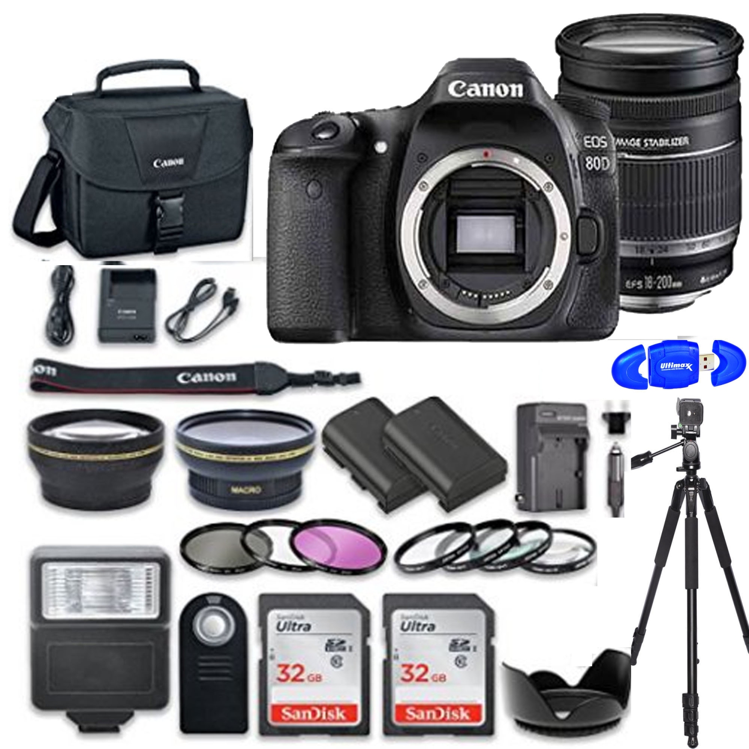 Canon EOS 80D with 18-200mm IS Lens with 2x Sandisk 32GB & More Bundle