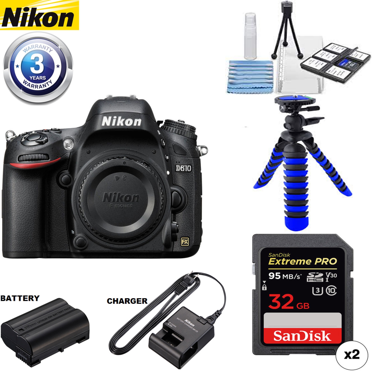 Nikon D610 DSLR Camera with 3 Year Extended Warranty | Spider Tripod | 32GB Memory Card & Cleaning Kit Bundle
