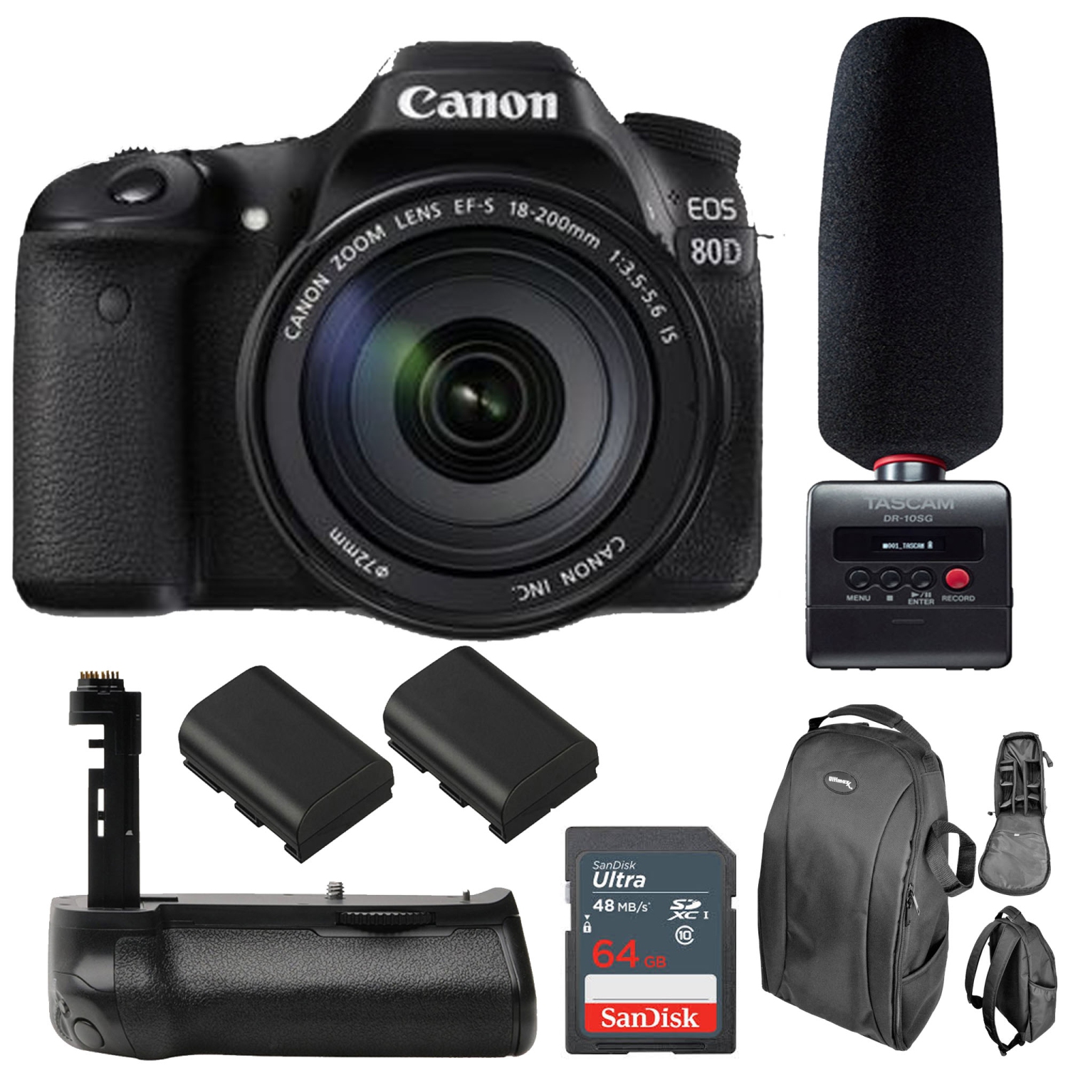Canon EOS 80D with 18-200mm IS Lens with Tascam DR-10SG Audio Recorder & Microphone Kit