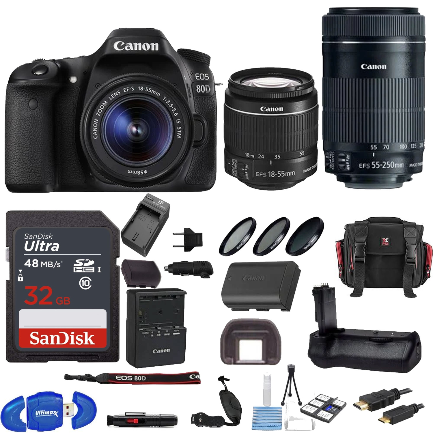 Canon Eos 80D DSLR Camera with 18-55mm & 55-250mm Lenses & 32GB Deluxe