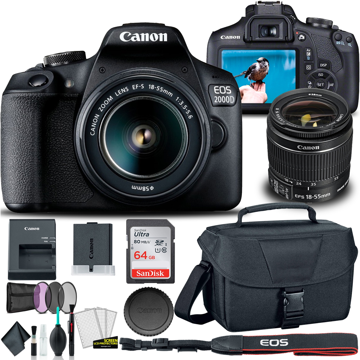 Canon EOS 2000D / Rebel T7 DSLR Camera + 18-55mm Lens, 58mm Filters Advanced Bundle