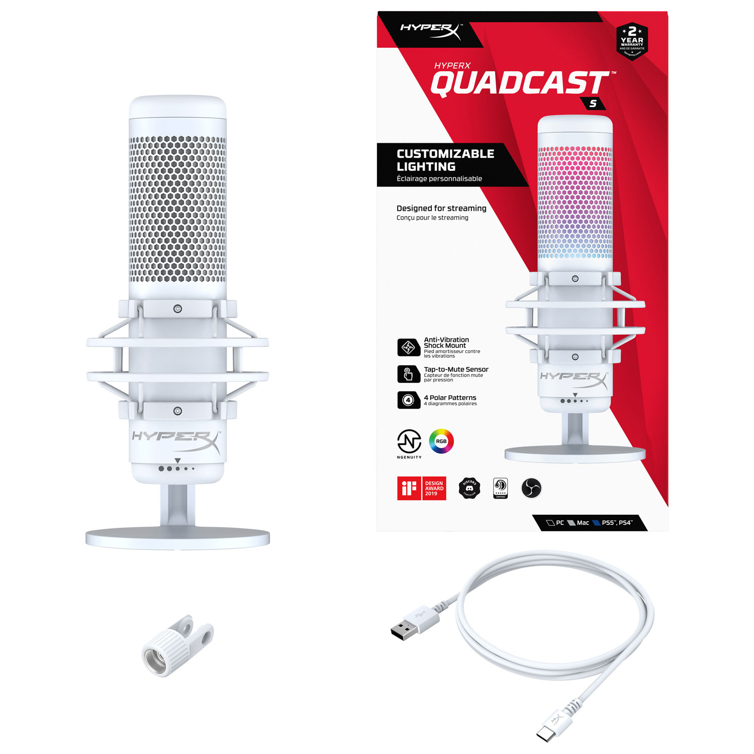 HyperX QuadCast S USB Condenser Microphone - White - Only at Best
