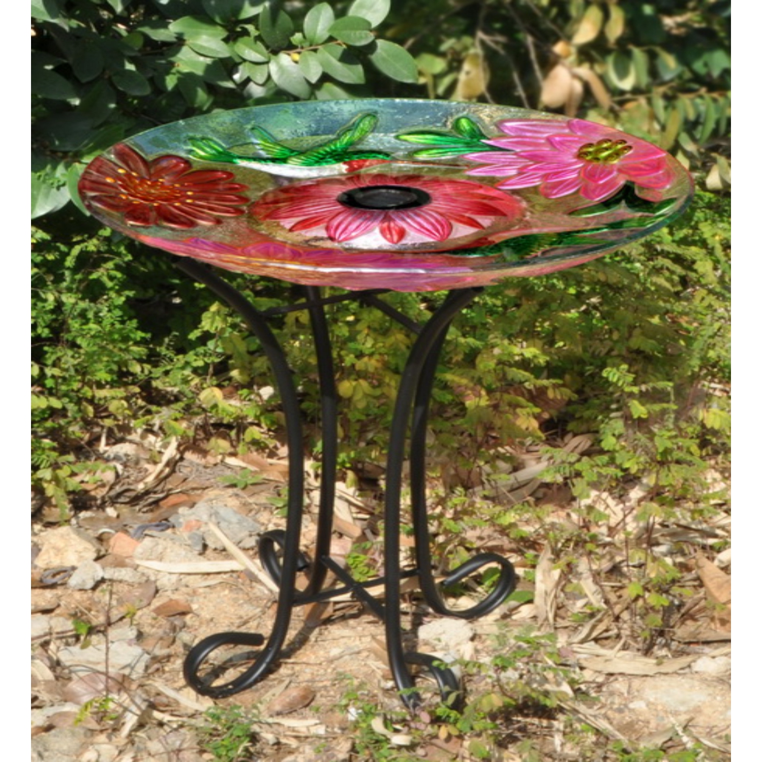 Hi-Line Gift Ltd Solar Floral Glass Hummingbird Bath with Stand