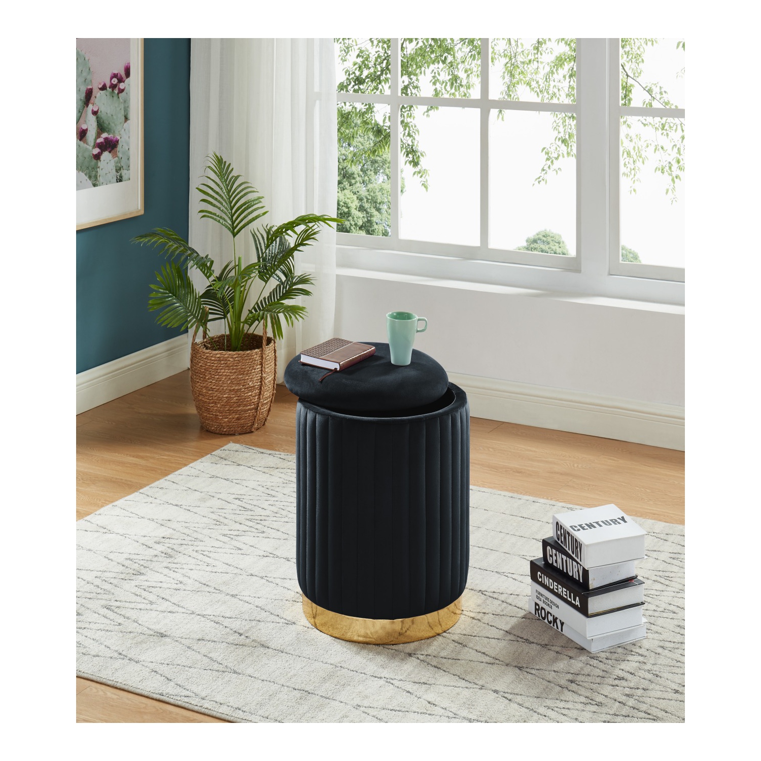 Hi-Line Gift Ltd Black Velvet Channel-Tufted Round Storage Ottoman with Gold Base