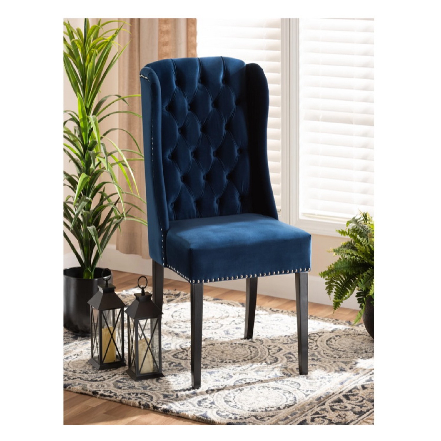 Hi-Line Gift Ltd Navy Blue Velvet Button-Tufted Wingback Dining Chair