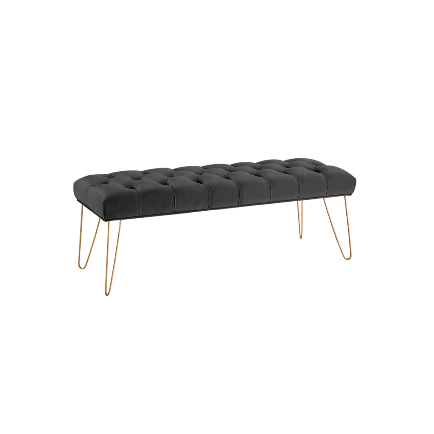 Hi-Line Gift Ltd Black Velvet Button-Tufted Bench with Gold-Capped Legs